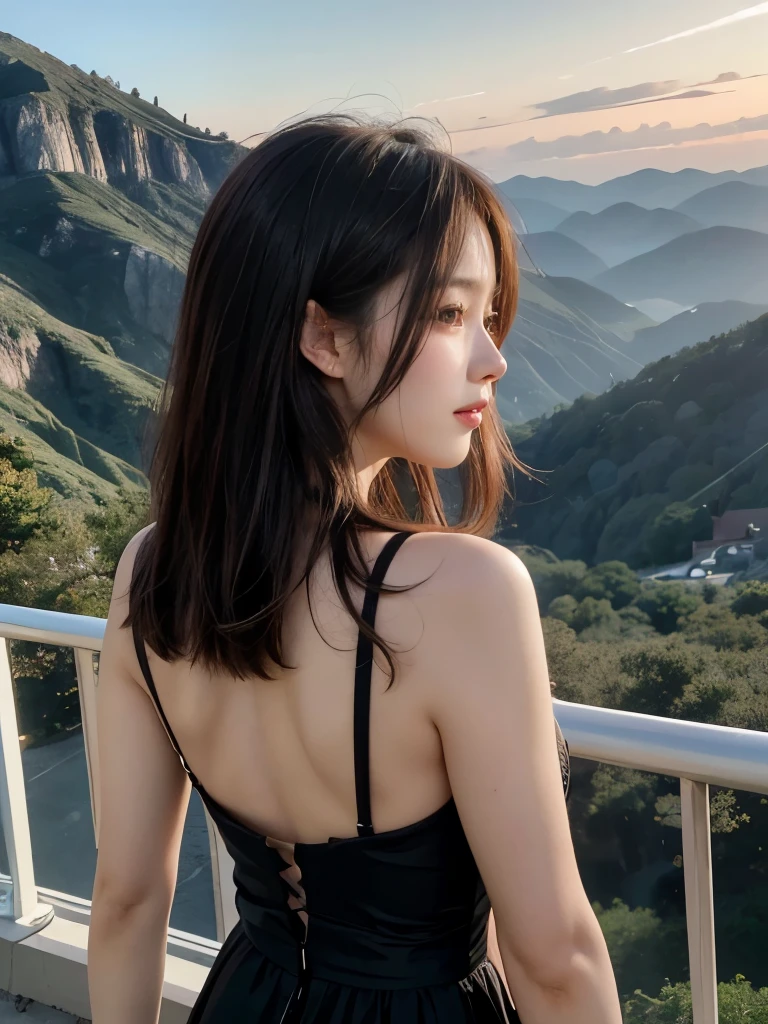 highest quality,masterpiece,Ultra-high resolution,(reality:1.4),Original photo,Cinema Lighting,
One Girl,,Backlight,Mountain,profile，立体的なprofile，good looking，cute,Black Dress、smile、profile