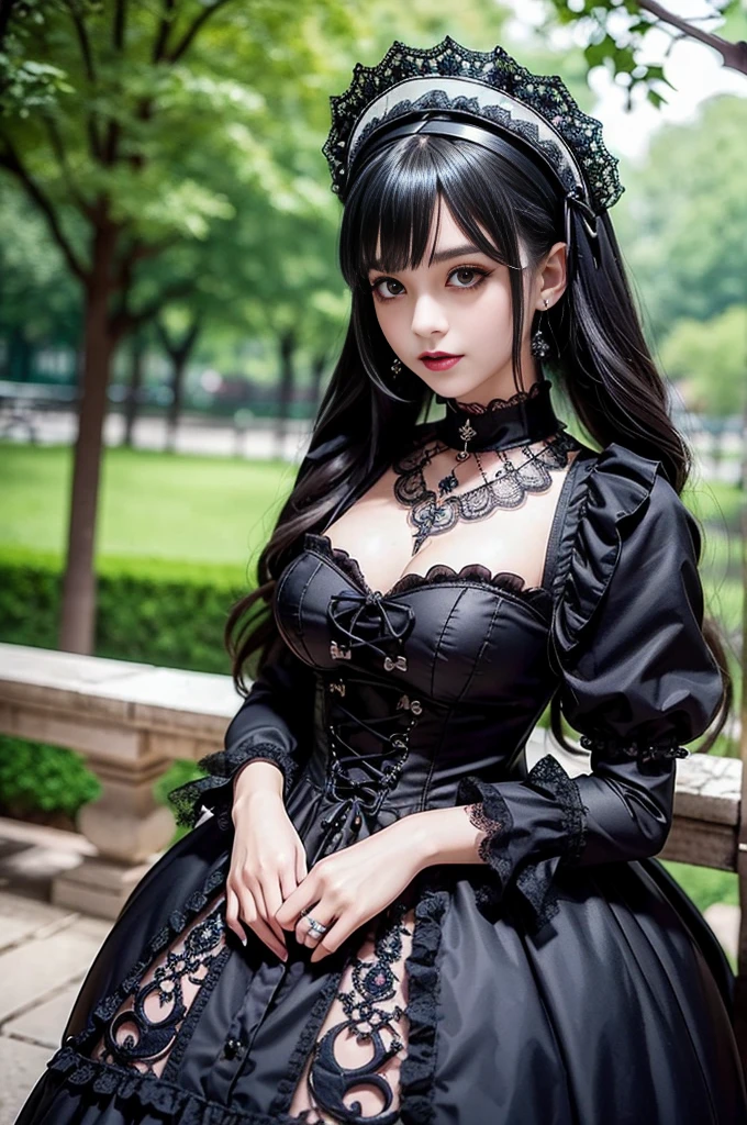 sexy stylish Spanish model, only 1 female, ((doll-like appearance)), ((ultra detailed Platform boots)), beautiful smile, ultra detailed eyes, vivid eye makeup, lipgloss, long lashes, defined eyebrows, ((sexy Gothic Lolita cosplay)), bell-shaped skirt, petticoats, high neckline, puffed sleeves, ((ultra detailed lace)), ((ultra detailed embroidery)), intricate details, Gothic Lolita accessoires and matching headpiece, Gothic Lolita choker, ((large sparkling Gothic Lolita jewelry)), cinematic light, detailed large park background with trees