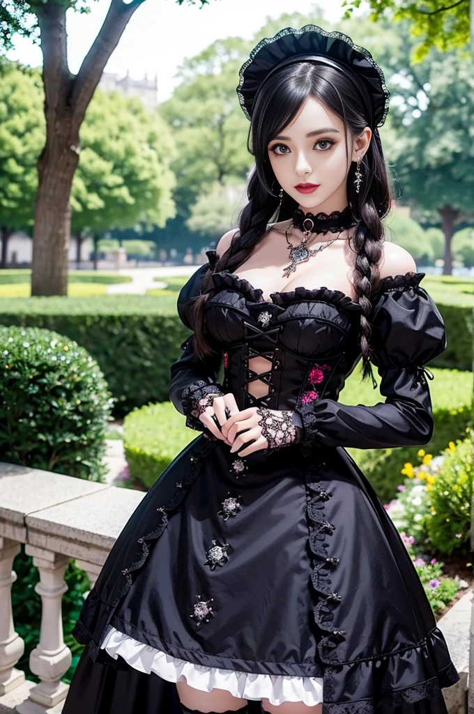 sexy stylish Spanish model, only 1 female, ((doll-like appearance)), ((ultra detailed Platform boots)), beautiful smile, ultra detailed eyes, vivid eye makeup, lipgloss, long lashes, defined eyebrows, ((sexy Gothic ta cosplay)), bell-shaped skirt, petticoats, high neckline, puffed sleeves, ((ultra detailed lace)), ((ultra detailed embroidery)), intricate details, Gothic Loliccessoires and matching headpiece, Gothic Lolita cr, ((large sparkling Gothic Lolita jewel, cinematic light, detailed large park background with trees 