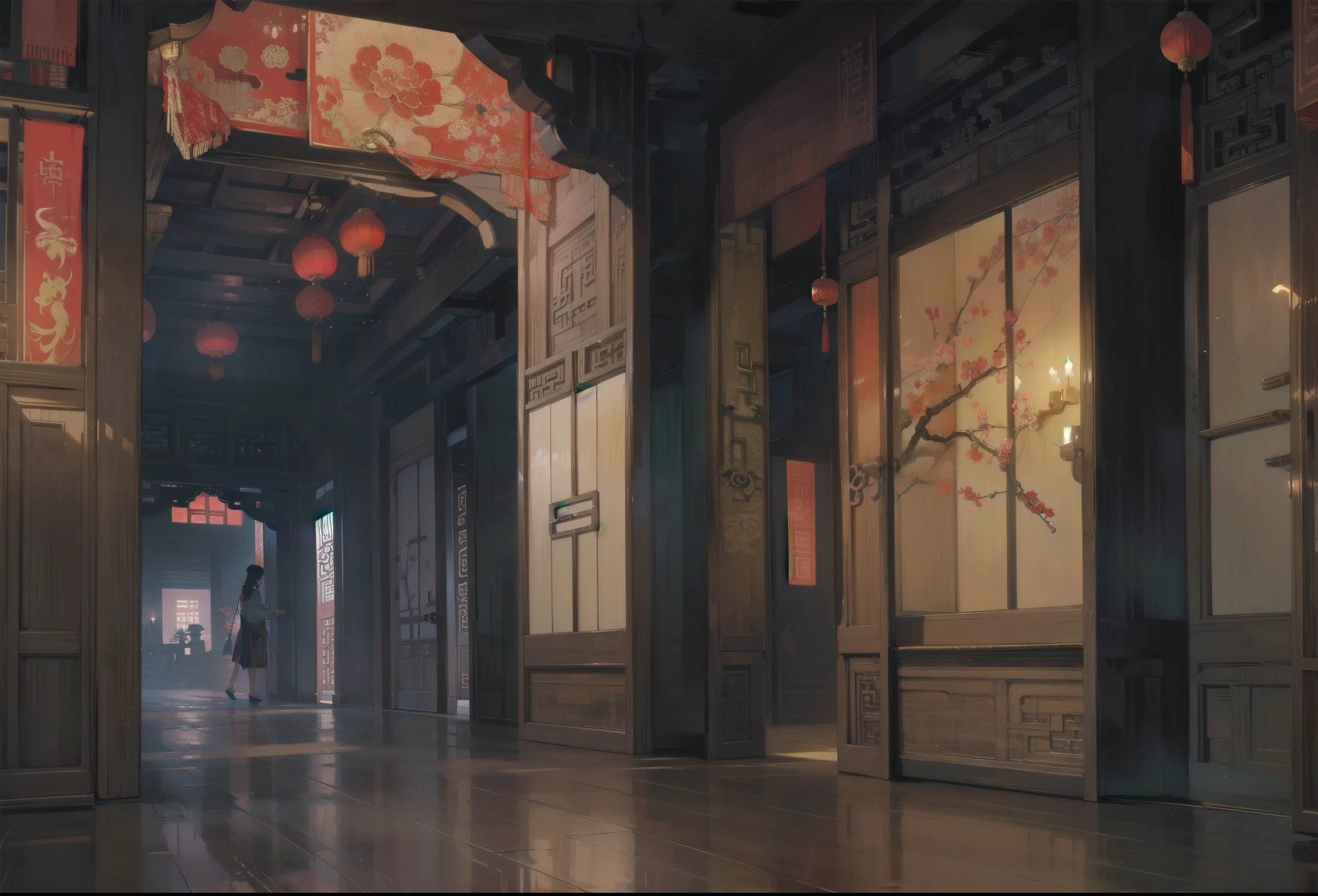 inside Old ancient chinese mansion, ancient traditional mansion, mansion, bight colors, stunning mansion, detailed chinese mansion, indoors, scene, scenery, background, rich ancient chinese mansion indoors, luxury, detailed, hall, chinese indoors hall, corridor, night, nightime, dark sky