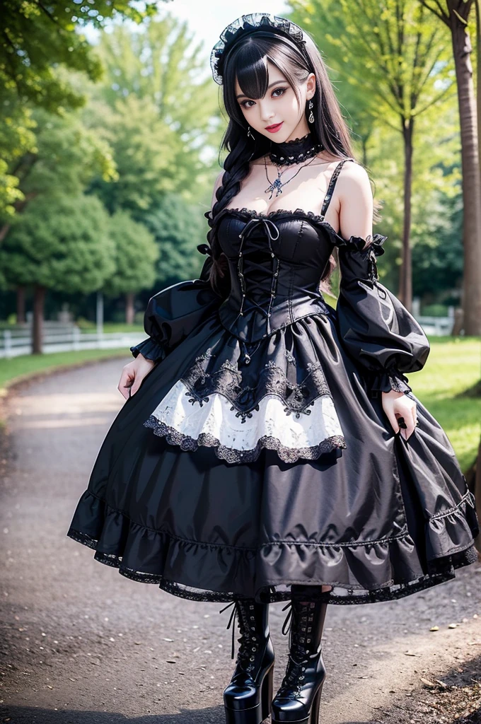 sexy stylish Spanish model, only 1 female, ((doll-like appearance)), ((ultra detailed Platform boots)), beautiful smile, ultra detailed eyes, vivid eye makeup, lipgloss, long lashes, defined eyebrows, ((sexy Gothic Lolita cosplay)), bell-shaped skirt, petticoats, high neckline, puffed sleeves, ((ultra detailed lace)), ((ultra detailed embroidery)), intricate details, Gothic Lolita accessoires and matching headpiece, Gothic Lolita choker, ((large sparkling Gothic Lolita jewelry)), cinematic light, detailed large park background with trees
