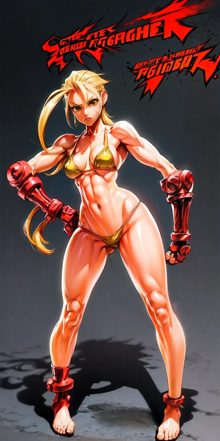 ((plain background)) Cammy White Street Fighter 7th full body 1sologirl barefoot feet together, hands on hips red gloves gauntlets, 1piece yellow bikini slingshot