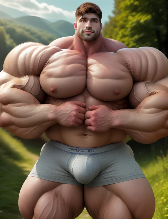 1 men, handsome, giant, buzz haircut, model shoot style, looking at camera, standing, nature ambiance, outdoor, large dry meadows, strong body, bulk, naked, wear grey triangular underwear, bulge, big, brutalmass, giant, muscular body, bulk, massive body, large meaty body size, brown skin, huge arms, ballooning meaty chests. Realistic, intricate detail