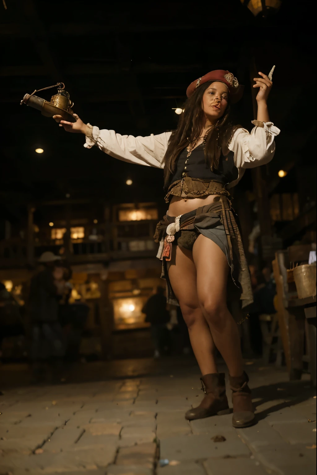 (Best quality, 8k, 32k, Masterpiece, UHD:1.2) "Imagine the bustling and lawless port town of Tortuga from Pirates of the Caribbean, a haven for pirates, rogues, and adventurers. The scene is set in the heart of the town, characterized by its chaotic energy and vibrant atmosphere.
The streets are narrow and winding, paved with uneven cobblestones, and lined with a mix of ramshackle wooden buildings and stone structures. These buildings are a patchwork of taverns, inns, and shops, their facades adorned with tattered flags, weathered signs, and flickering lanterns. The air is thick with the smell of sea salt, sweat, and the faint aroma of rum wafting from the open doors of the taverns.
Pirates of all sorts populate the scene—some boisterously singing sea shanties, others engaged in heated brawls or shady deals. Their attire is as varied as their activities, featuring tri-cornered hats, tattered coats, and an assortment of swords and pistols.
The docks are bustling with activity as well, with ships of various sizes moored along the wooden piers. The water of the harbor reflects the golden hues of the setting sun, casting an almost magical glow over the chaotic scene. Sailors are unloading cargo, repairing sails, and preparing for their next voyage, adding to the sense of constant movement and energy.
Capture the essence of Tortuga by emphasizing its vibrant, unruly spirit, the eclectic mix of characters, and the rich, textured environment. The scene should evoke a sense of adventure and danger, with every corner of the town hinting at untold stories and hidden treasures."