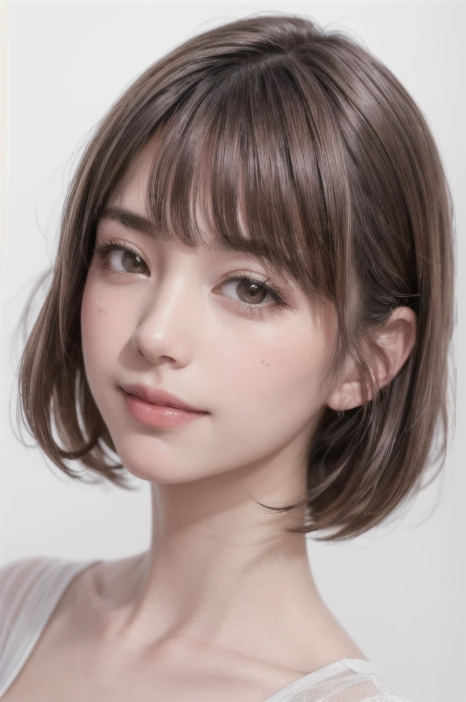 (((Showpiece, highest quality, High precision)), One Girl, (Big Breasts, Realistic: 1.4), ((slightly above also look up the camera, look up at the camera, look up, look up at the camera))), alone, , White Background, snow-White Background, Close your mouth, Smile, Laughing happily, Beautiful black hair, short hair, Big eyes, Prominent double eyelids, eyelash, Listen carefully, Long neck, Long neck, Absolute area, ((Face close-up, short hair with bangs)), 19 years old, Attractive proportions, Shiny skin, Beautiful collarbone, Golden ratio face, Perfect Face, Watery eye mole, Mole on chest, bangs, clean bangs, beautiful bangs, Lip gloss, Thin lips, White skin, I took off my clothes, Big Breasts, Small face, Small face, Look slightly up and into the camera, ((Smile a little for the camera, really nothing pure White Background, Very big, Big Breasts))