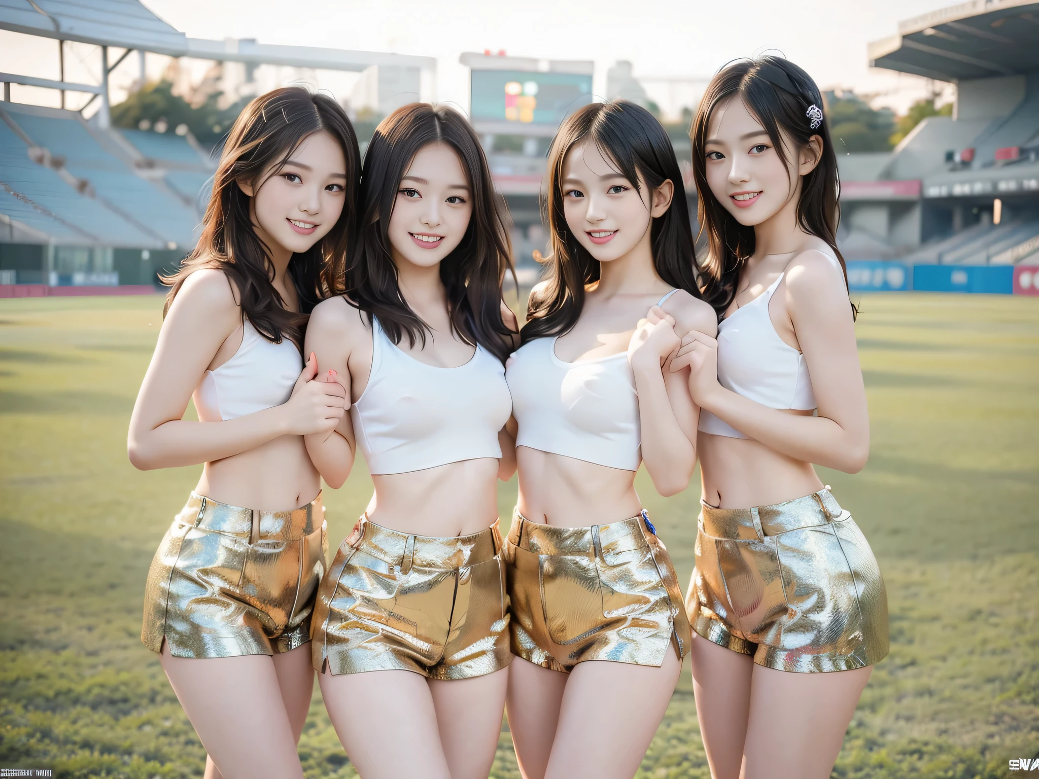 highest quality, masterpiece, Ultra-high resolution, Original photo, Ultra-high resolution，3 Girls, ((Multiple Girls group)), slender body, high waist，Flashy makeup，Big smile，flowing hair，whole body visible，stadium field background，topless nude, erect nipples, cheerleading, dancing, miniskirt