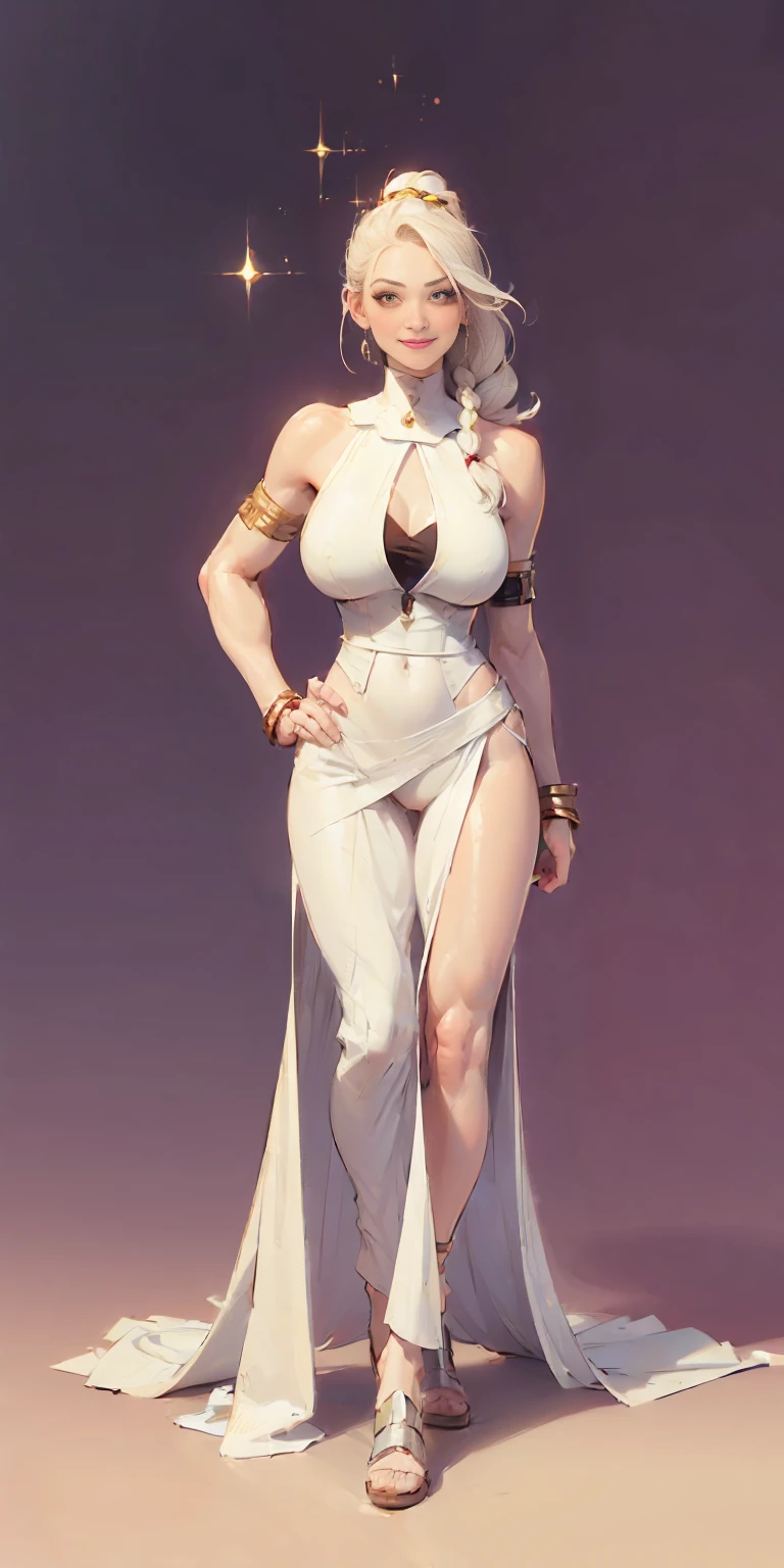 (((Plain background 1:2))) (masterpiece, high quality: 1.1) 1girl full body standing, hairstyle with a braid, white colored hair, yellow eyes, perfect lighting, muscular, thighs, mature woman, mummy, bellybutton, abs, looks at the viewer smile RED CHEEKS, extremely huge breasts, maternal, porcelain skin, extra very long hair, sparkly skin, good face, chest cover, HANDS ON HIPS