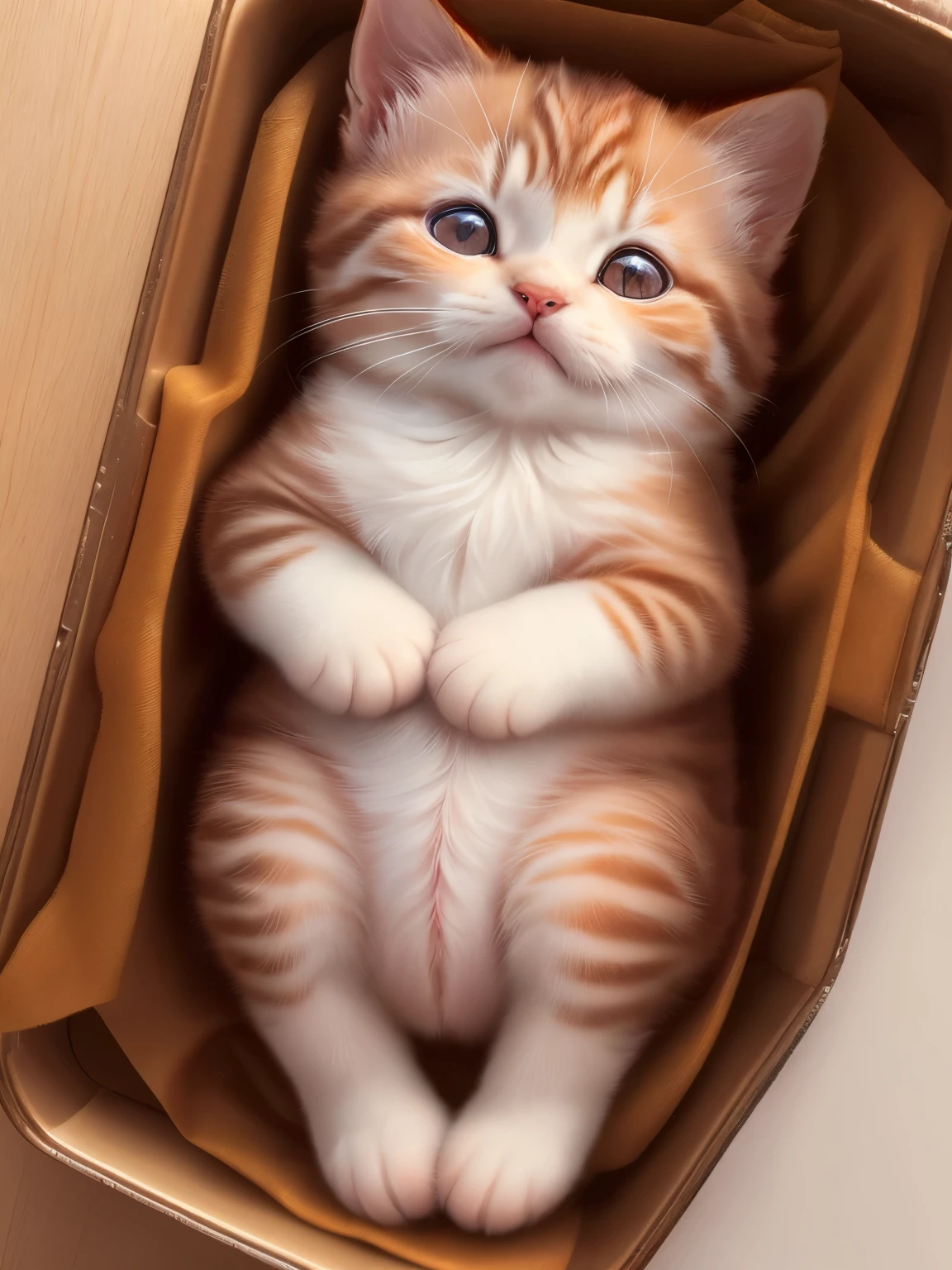 (highest quality,4K,8k,High resolution,masterpiece:1.2),Super detailed,(Realistic,Realistic,Photorealistic:1.37),indoor,Cute reddish brown kitten,White nose、(Mostly white)、All front legs are white、Art Gallery、(Very small kitten)、Sleeping、Random Pause