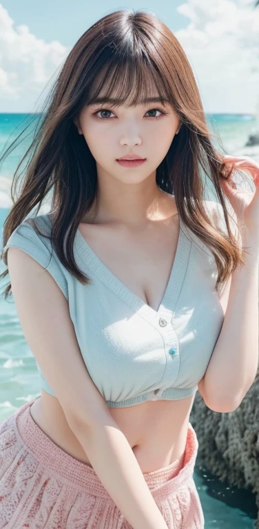 masterpiece, highest quality, 8k, 20th generation, Big Breasts, cute, alone, sad, cute, Girlish,cute 繊細な女の子, cute、Pure beauty, RAW Photos, Professional photography, Portraiture, Soft Light, Professional Lighting, Backlight, avert your eyes, Sophisticated, Film Grain, (Eye and facial details:1.0), Round face、Floating Hair, beautiful, Flowing hair, Asymmetrical bangs、(Big Breasts:1.0)、White cut and sew、pastel cardigan、Micro Mini Skirt、Voluptuous thighs、dolly make、Heterochromia iridis、Midsummer sky、Cumulonimbuidsummer Beach