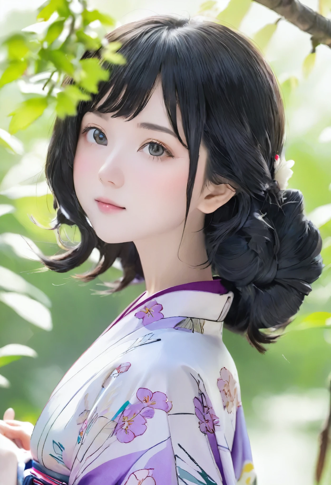 (((White world、White Background)))、born、Real stick、Realistic、Very cute woman、Perfect beauty、Natural look、No makeup、Plump fat beautiful black hair、yamato nadeshiko、Beautiful light purple kimono、Nishijin-ori kimono、Very delicate kimono pattern、Beautiful angle、Graceful pose、White Background、Background white、Focus on the face、Upper body angle、highest quality、High resolution、masterpiece:1.Portraiture、８ｋ、50ｍｍlens、Perfect lighting、Professional Photographer