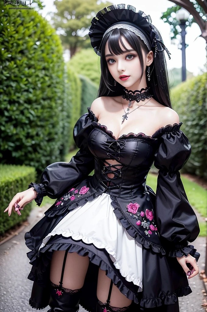 sexy stylish female model, only 1 female, ((doll-like appearance)), ((ultra detailed Platform boots)), beautiful smile, ultra detailed eyes, vivid eye makeup, lipgloss, long lashes, defined eyebrows, ((sexy Gothic ta cosplay)), bell-shaped skirt, petticoats, high neckline, puffed sleeves, ((ultra detailed lace)), ((ultra detailed embroidery)), intricate details, Gothic Loliccessoires and matching headpiece, Gothic Lolita cr, ((large sparkling Gothic Lolita jewel, cinematic light, detailed large park background with trees