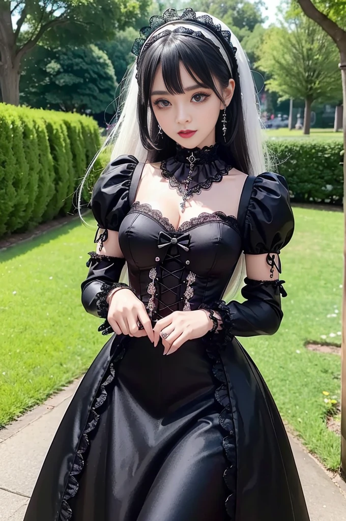 sexy stylish female model, only 1 female, ((doll-like appearance)), ((ultra detailed Platform boots)), beautiful smile, ultra detailed eyes, vivid eye makeup, lipgloss, long lashes, defined eyebrows, ((sexy Gothic ta cosplay)), bell-shaped skirt, petticoats, high neckline, puffed sleeves, ((ultra detailed lace)), ((ultra detailed embroidery)), intricate details, Gothic Loliccessoires and matching headpiece, Gothic Lolita cr, ((large sparkling Gothic Lolita jewel, cinematic light, detailed large park background with trees