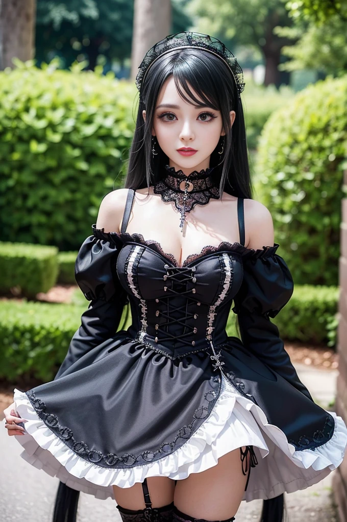 sexy stylish female model, only 1 female, ((doll-like appearance)), ((ultra detailed Platform boots)), beautiful smile, ultra detailed eyes, vivid eye makeup, lipgloss, long lashes, defined eyebrows, ((sexy Gothic Lolita cosplay)), bell-shaped skirt, petticoats, high neckline, puffed sleeves, ((ultra detailed lace)), ((ultra detailed embroidery)), intricate details, Gothic Lolita accessoires and matching headpiece, Gothic Lolita choker, ((large sparkling Gothic Lolita jewelry)), cinematic light, detailed large park background with trees 