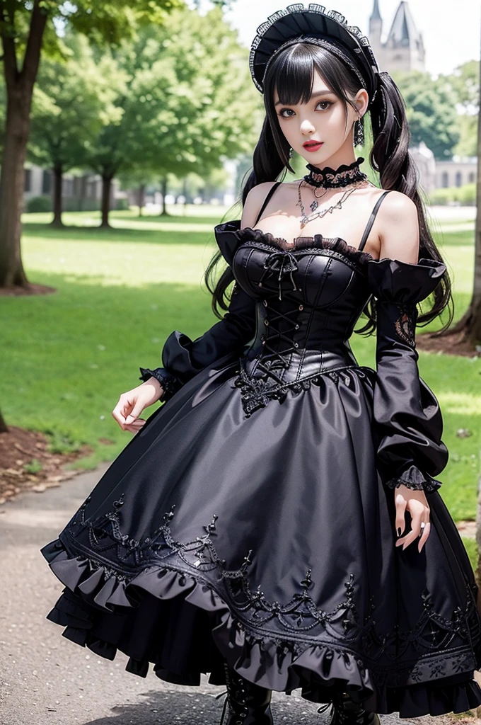 sexy stylish female model, only 1 female, ((doll-like appearance)), ((ultra detailed Platform boots)), beautiful smile, ultra detailed eyes, vivid eye makeup, lipgloss, long lashes, defined eyebrows, ((sexy Gothic ta cosplay)), bell-shaped skirt, petticoats, high neckline, puffed sleeves, ((ultra detailed lace)), ((ultra detailed embroidery)), intricate details, Gothic Loliccessoires and matching headpiece, Gothic Lolita cr, ((large sparkling Gothic Lolita jewel, cinematic light, detailed large park background with trees