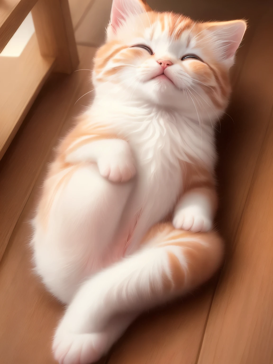 (highest quality,4K,8k,High resolution,masterpiece:1.2),Super detailed,(Realistic,Realistic,Photorealistic:1.37),indoor,Cute reddish brown kitten,White nose、(Mostly white)、All front legs are white、Art Gallery、(Very small kitten)、Sleeping、Random Pause