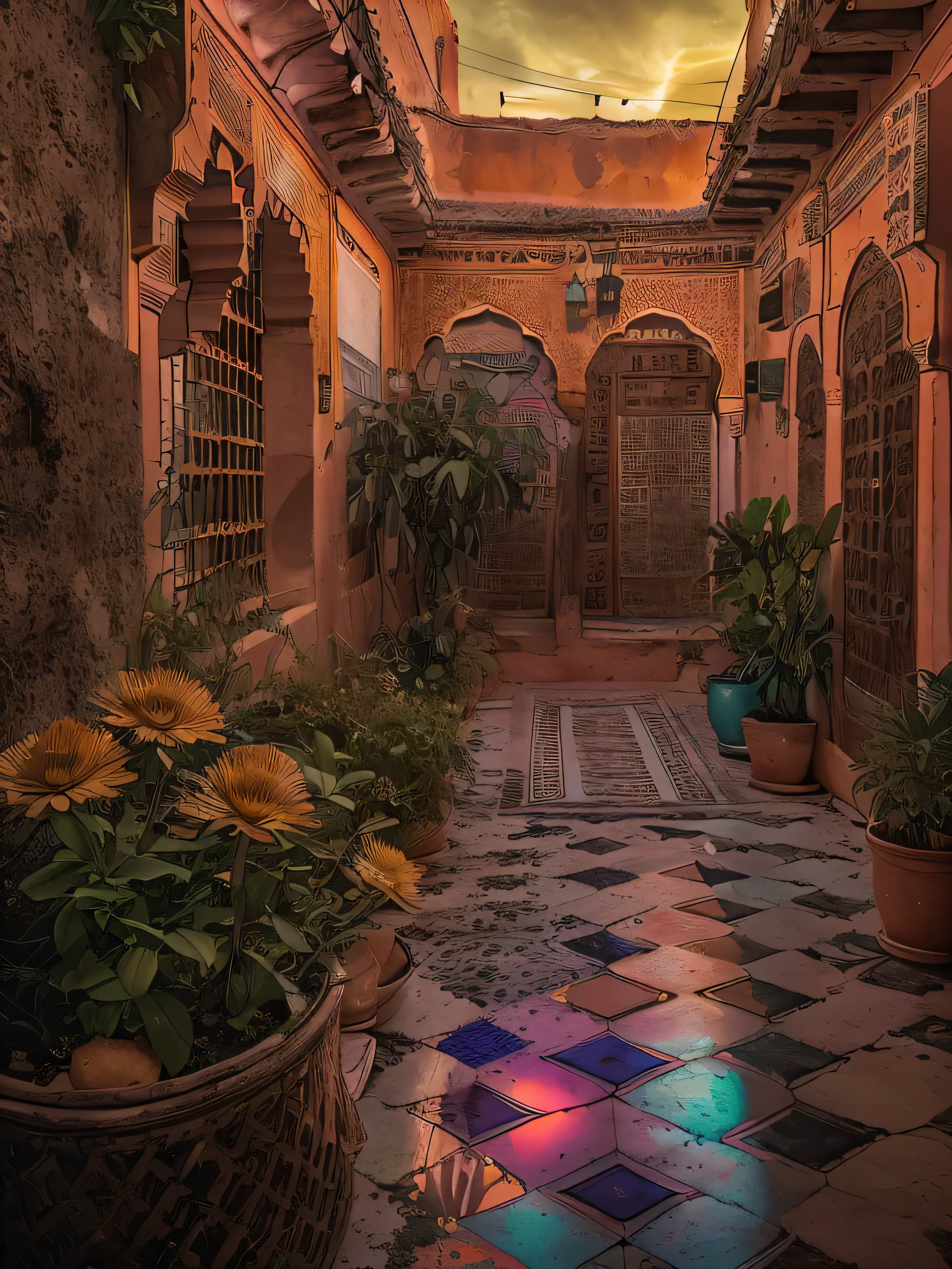 medina marroquina, Jemaa, a fna, sunset, tagine meal on the balcony, Moroccan tea and mint, Obra de arte, melhor qualidade, ultra high resolution, CRU, Riad, Marraquexe, Marraquexe, (Photoluminescence), flores desabrochando, claro, Cinematic CRU foto, hyper real foto, ultrarealistic, 8K uhd, DSLR, soft lighting, alta qualidade, film grain, Fujifilm XT3, fotographed on a Kodak Retina II Sanyo Xacti VPC-CA6, Lente de 50 mm, wide angle, HDR, hiper-realista, with color classification, volumetric lighting, [volumetric fog, Moist], Profundidade superficial de campo, reflections, foto, (Espumante), brilhando, (Iridescente), cintilante, cintilante, Mystic, encantador, Brilhante, Marrocos, exotic, (Obra de arte) (melhor qualidade) (detalhado) (8K) (HDR) (papel de parede) (cinematic lighting) (sharp focus) (intricado), romantic