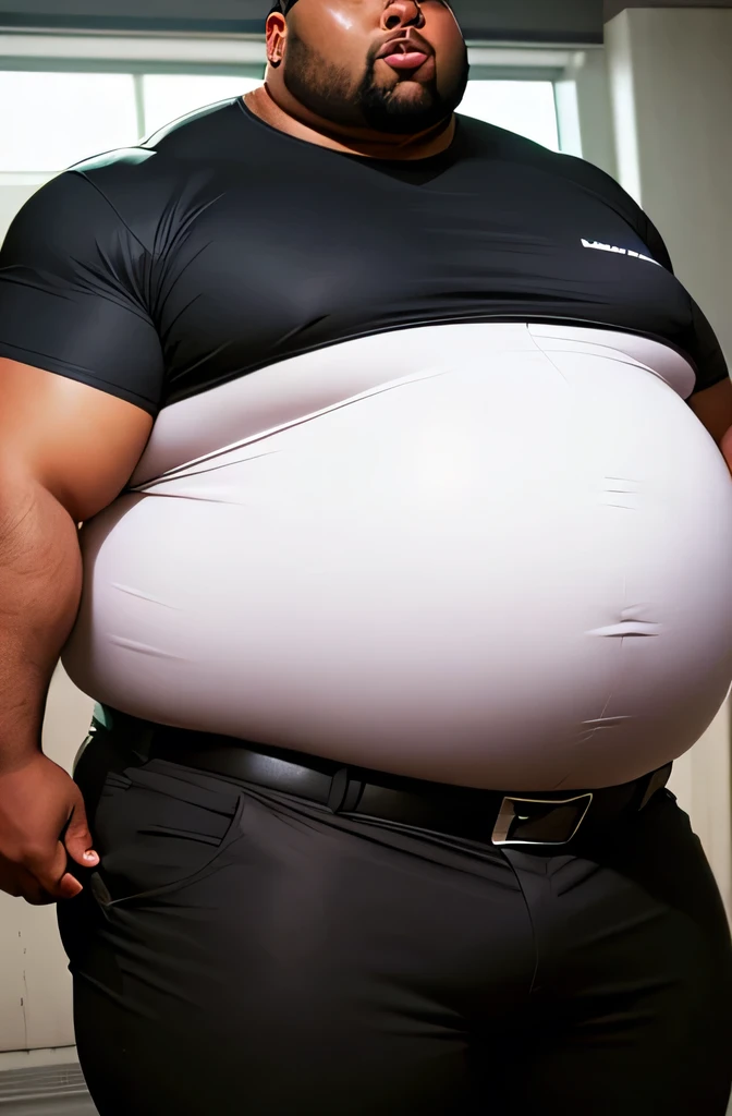extremely fat black man, black shirt, black pants, belt, very big belly, 300 pounds heavy, obese, massive stomach