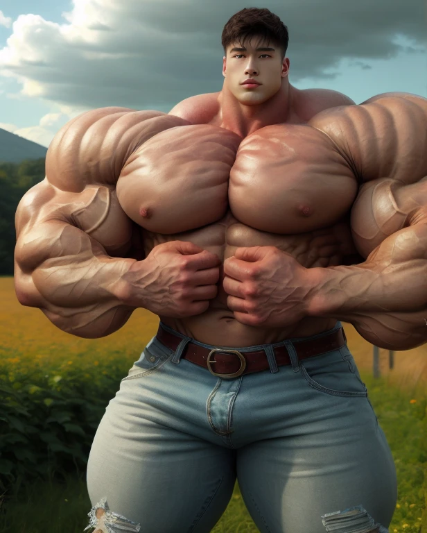 1 asian man, handsome, giant, buzz haircut, model shoot style, looking at camera, standing up, cool ambiance, outdoor, large dry meadows, strong body, bulk, wear stylish denim, bulge, big, brutalmass, giant, muscular body, bulk, massive body, large meaty body size, brown skin, huge arms, ballooning meaty chests. Realistic 
