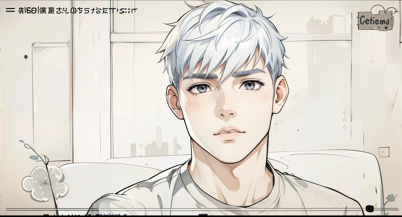 (estilo anime 2d plano)cute 16 year old boy this sad gray hair gray eyes