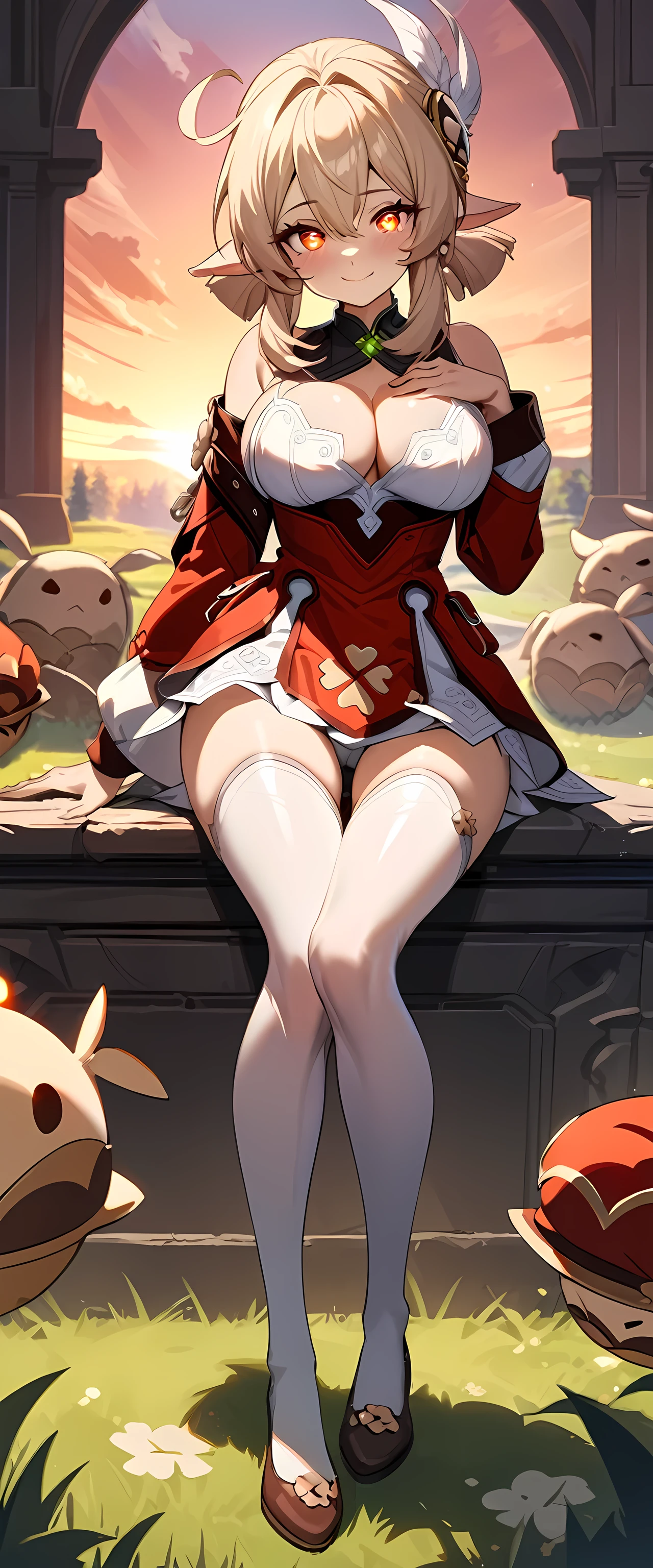 (masterpiece), best quality, expressive eyes, perfect face,1girl,klee,genshin impact,cleavage,big breasts,(thigh gap:1.5),((red surcoat:1.4)),(white stockings),(bare shoulders),meadow,(sunset:1.1),(clear sky:1.1),warm sunlight,soft shadows,looking at viewer,smiles, eyeshadows, eye liner,glistening eyes, hyper detailed eyes, intricate eyes, beautiful eye, glowing pupils、smilling face,sitting,reclining,seductive pose,hand on own chest,full body