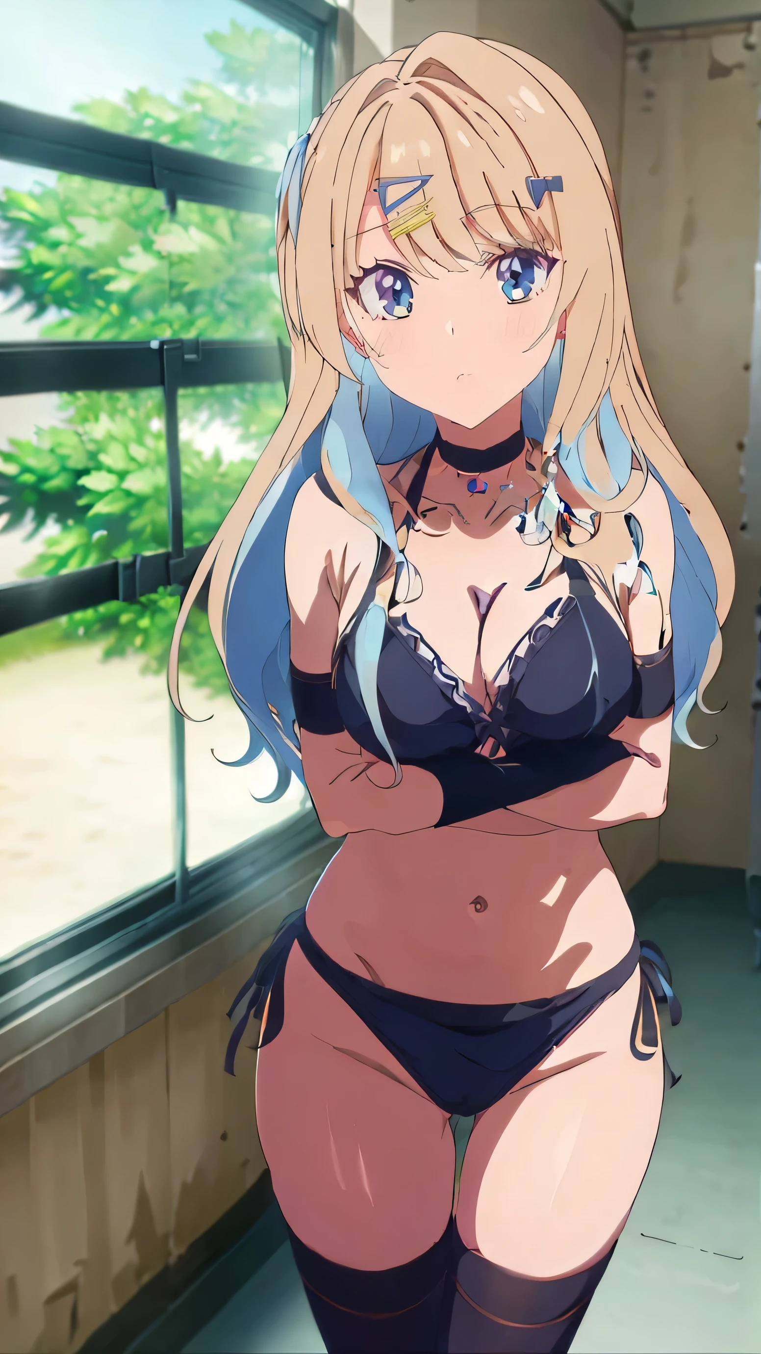 1girl, side-tie panties, breasts, side-tie bikini, choker, solo, cleavage, navel, long hair, potted plant, (large breasts:1.2), thighhighs, indoors, underwear, book, plant, panties, window, looking at viewer, parted lips, black choker, thighs, black legwear, lips, brown hair, patreon username, cowboy shot, watermark, standing, bangs