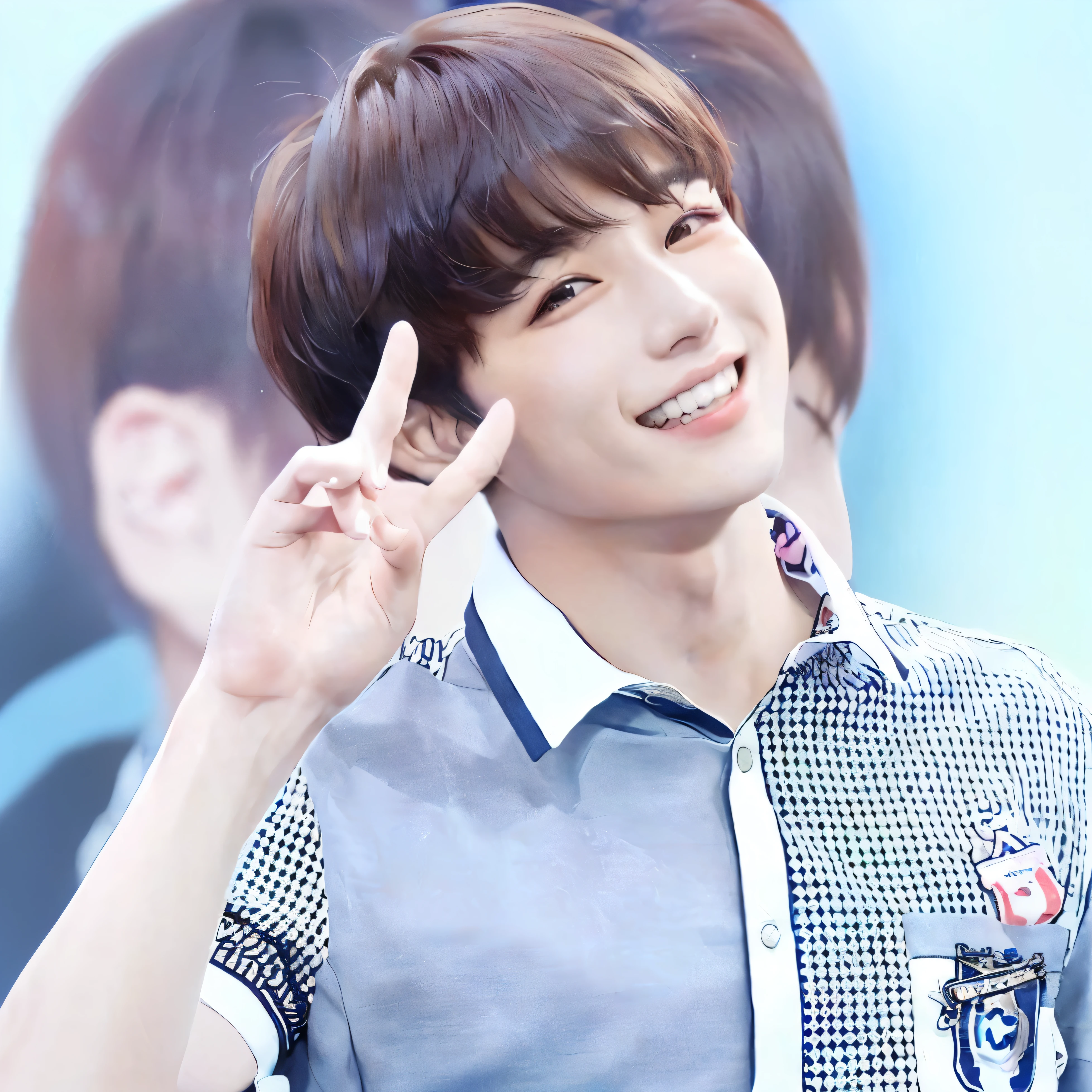 blurred image of a man with a peace sign in his hand, Jungkook, Jinyoung Shin, Sun Yunjoo, hyung tae, shy smile, taejune kim, dez lee, adorable and pale korean face, sorriso alegre, smiling shyly, sorriso charmoso, Shin Jeongho, ironic smile, Kim Doyoung, sorriso encantador e malicioso, Jungkook, jeon jungkook, alta qualidade