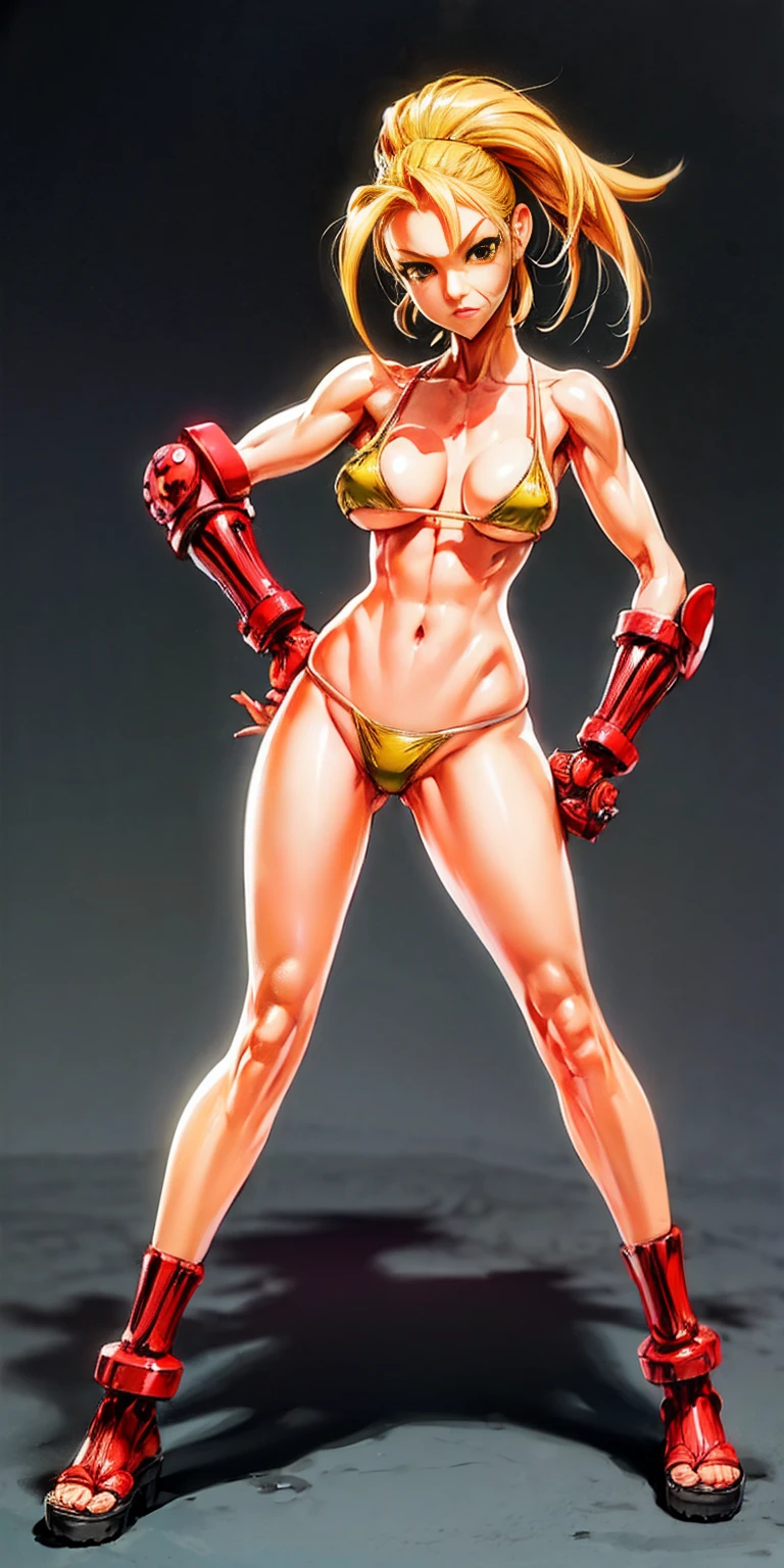 ((plain background)) Cammy White Street Fighter 7th full body 1sologirl barefoot feet together, hands on hips red gloves gauntlets, 1piece yellow bikini slingshot