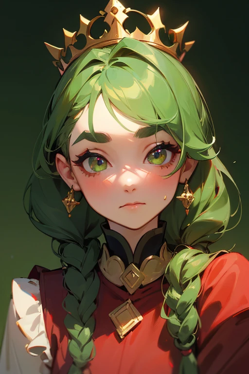 (highest quality, masterpiece:1.2), High resolution, Very detailed, Realistic:1.37, Fantasy, An illustration, Green Eyes、Queen, Red dress.Platinum decoration、beautifully、Eyeshadow Red、Thick eyebrows、Long eyelashes、pupils are black、Her hair is light green、Gold crown、Kissing Face、Embarrassing、people々々々々々々々々Loved by、ponytail、Shoulder Bare、surprised face、Braiding、perfection、hair is dark green、surprised、pancake、
