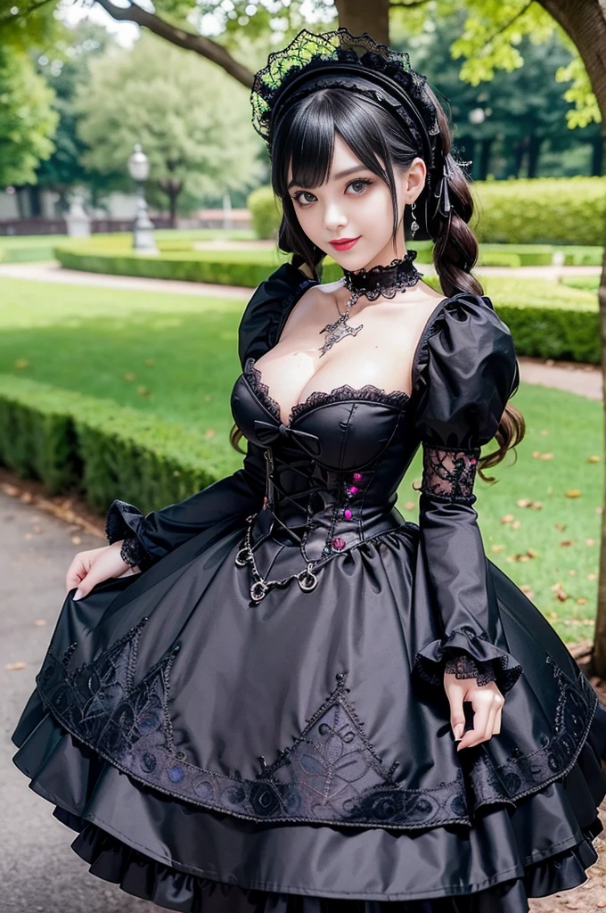 sexy stylish female model, only 1 female, ((doll-like appearance)), ((ultra detailed Platform boots)), (big smile), ultra detailed eyes, vivid eye makeup, lipgloss, long lashes, defined eyebrows, ((sexy Gothic ta cosplay)), bell-shaped skirt, petticoats, high neckline, puffed sleeves, ((ultra detailed lace)), ((ultra detailed embroidery)), intricate details, Gothic Loliccessoires and matching headpiece, Gothic Lolita cr, ((large sparkling Gothic Lolita jewel, cinematic light, detailed large park background with trees
