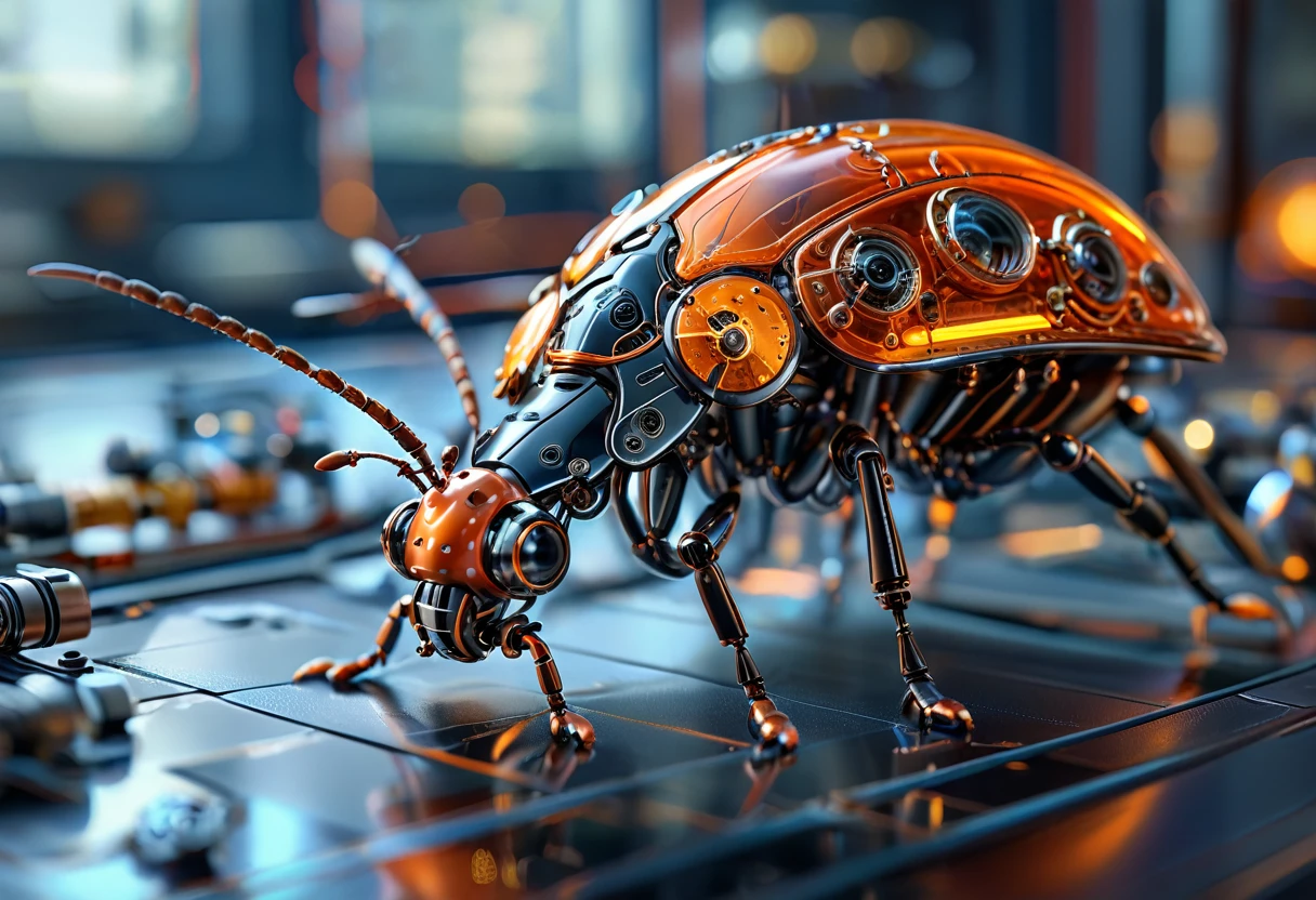 Futuristic macro photography of a detailed robotic insect, showcasing intricate mechanical components, with illuminated orange accents, full body framing, against a high-tech schematic background, under soft studio lighting, shot from a top-down angle, on a Canon EOS 5D Mark IV with a 100mm macro lens, in the style of Syd Mead.