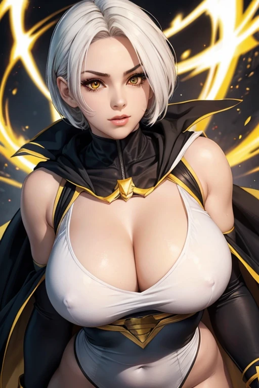  innocent girl with short white hair firm body perfect breasts tender face yellow eyes black lips black and white leotard of super heroine cape creating energy ball 