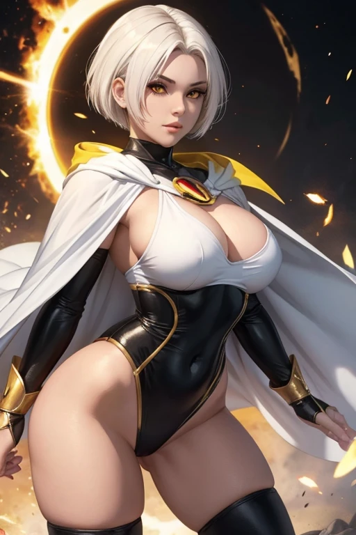 innocent girl with short white hair firm body perfect breasts tender face yellow eyes black lips black and white leotard of super heroine cape creating energy ball