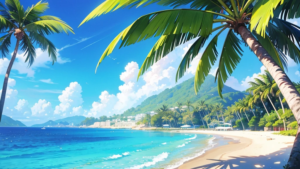 (masterpiece), best quality, ultra detailed, anime background, day, sunlight, palm trees, beach, shiny water