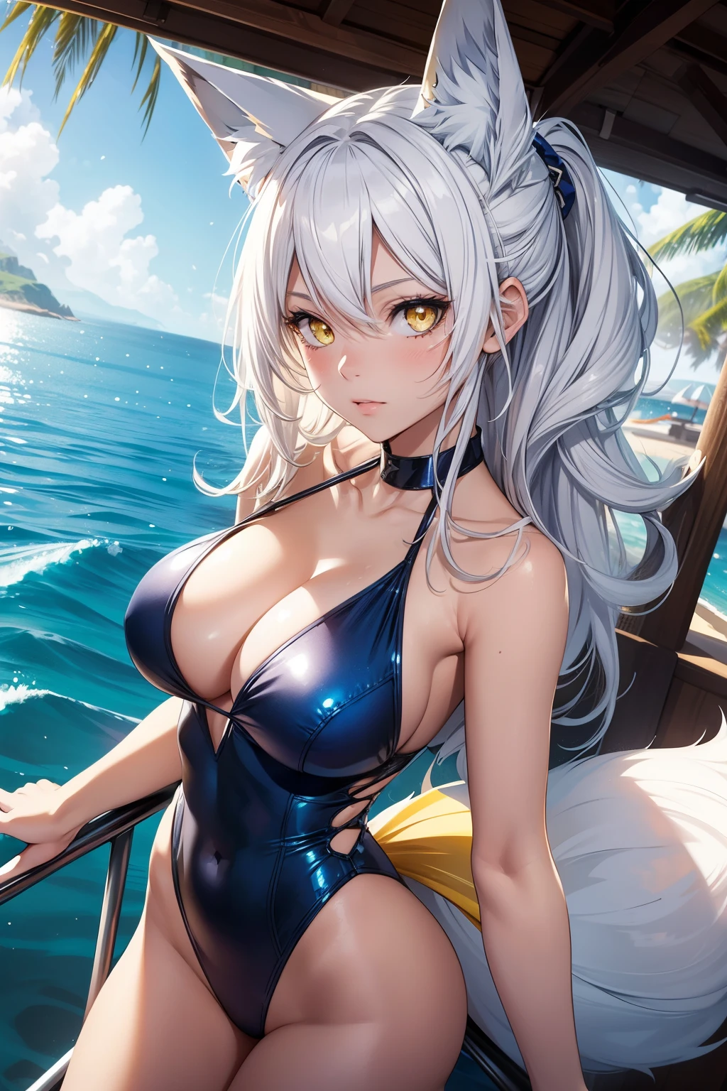 (16K), (best quality:1.2), (insanely detailed:1.2), ((anime style)), (illustration:1.2), (concept art:1.2), (texture:0.5),
(detailed beautiful woman:1.1), (fox ears), (platinum white hair:1.3), (yellow eyes:1.3), bangs, hair between eyes, large breasts, perfect body,
BREAK 1girl, dutch angle, fisheye,
selfie shot, close up on face, shiny onepiece swimsuit, glitter on swimsuit, cleavage, sunglasses on head, Wind Swept Hair,
Water and lights particles,crashing waves,
,backlighting, lighting, lens flare, white light,
sea, on yacht,
BREAK blue theme, slingshot, (tail:1.4)