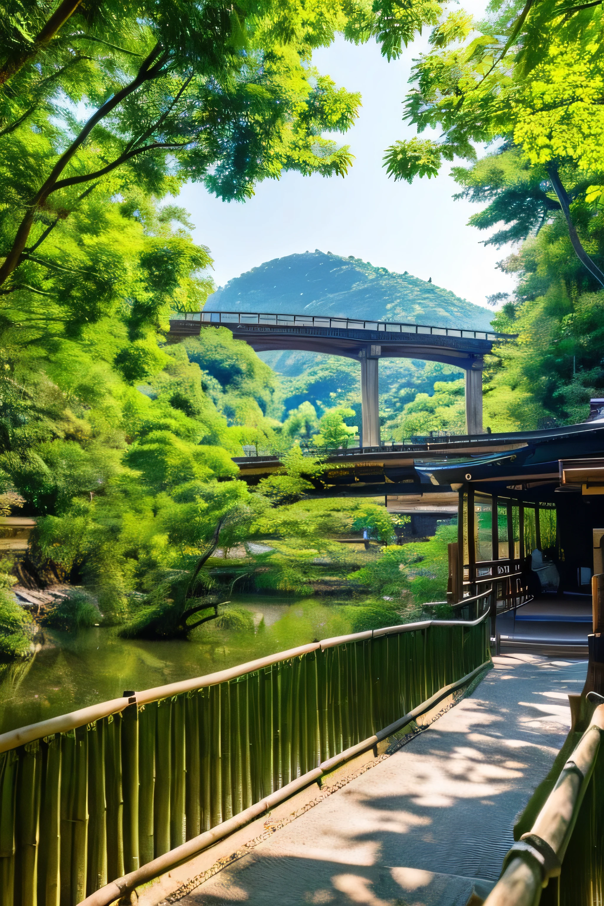 Beautiful scenery in Arashiyama, Kyoto, Japan, Lush Mountains々The exhibit features the iconic Togetsukyo Bridge with the. It depicts the tranquil river flowing beneath the bridge and the famous bamboo grove nearby.。. Overall, the atmosphere is relaxed and comfortable, Highlight the area's natural beauty and historical charm.