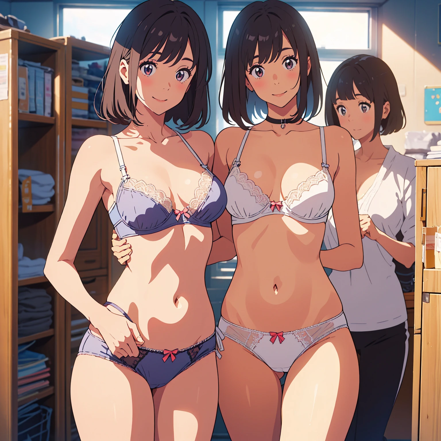 masterpiece, top quality, ((((Incredibly ridiculous)))), ((Absurd)), Extremely delicate and beautiful, Anime style, (Three female teachers in underwear), perfect-composition, cowboy shot, white bra, white panties, extremely detailed texture, (((threads of the seams for panties crotch is clearly visible))), bob cuts, Slender figure, well-shaped nose, Double eyelids, clear and beautiful face and well-proportioned big eyes, (A smile), bloom, In a locker room