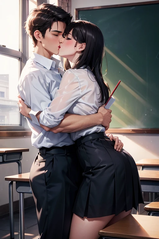 (nsfw), 8K, highest quality, masterpiece, Ultra-high resolution, classroom, ((One male teacher)), White shirt, Black slacks, ((Deep Kiss)), ((Embrace each other)), (One female student), White blouse, Navy Skirt