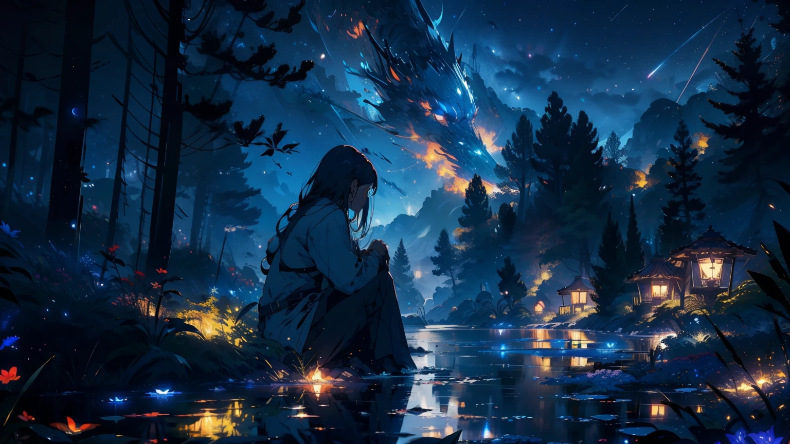 Master Parts, nice, landscape, (((no_Humanos))), night, flower, garden, Starry Sky, constellation, amazing, Overlooking, water, warm, comfortable, peaceful, meteor, Cosmic, magic, magic, details, fair, ((fire Fly))