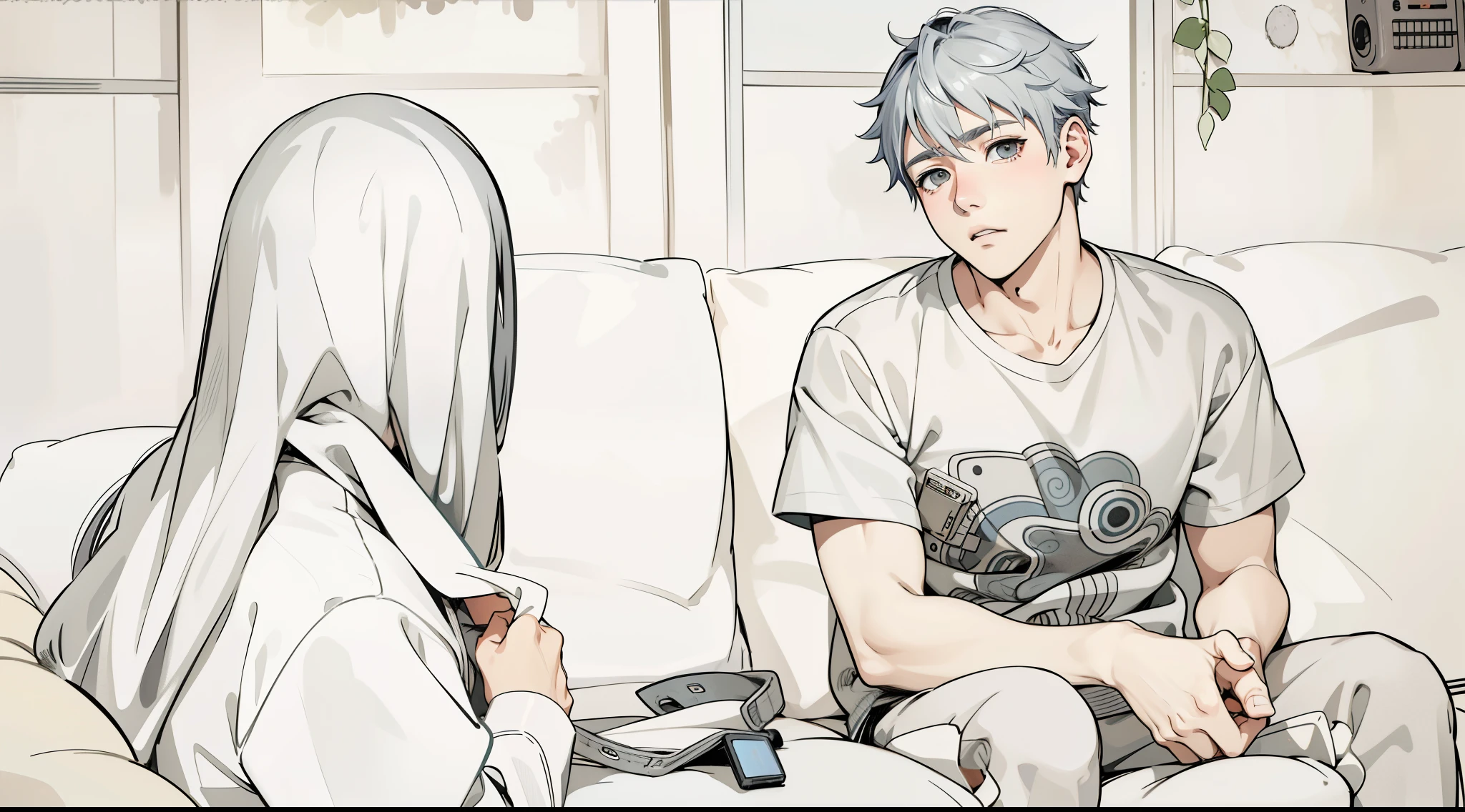 (estilo anime 2d plano)cute 16 year old boy this sad gray hair gray eyes 