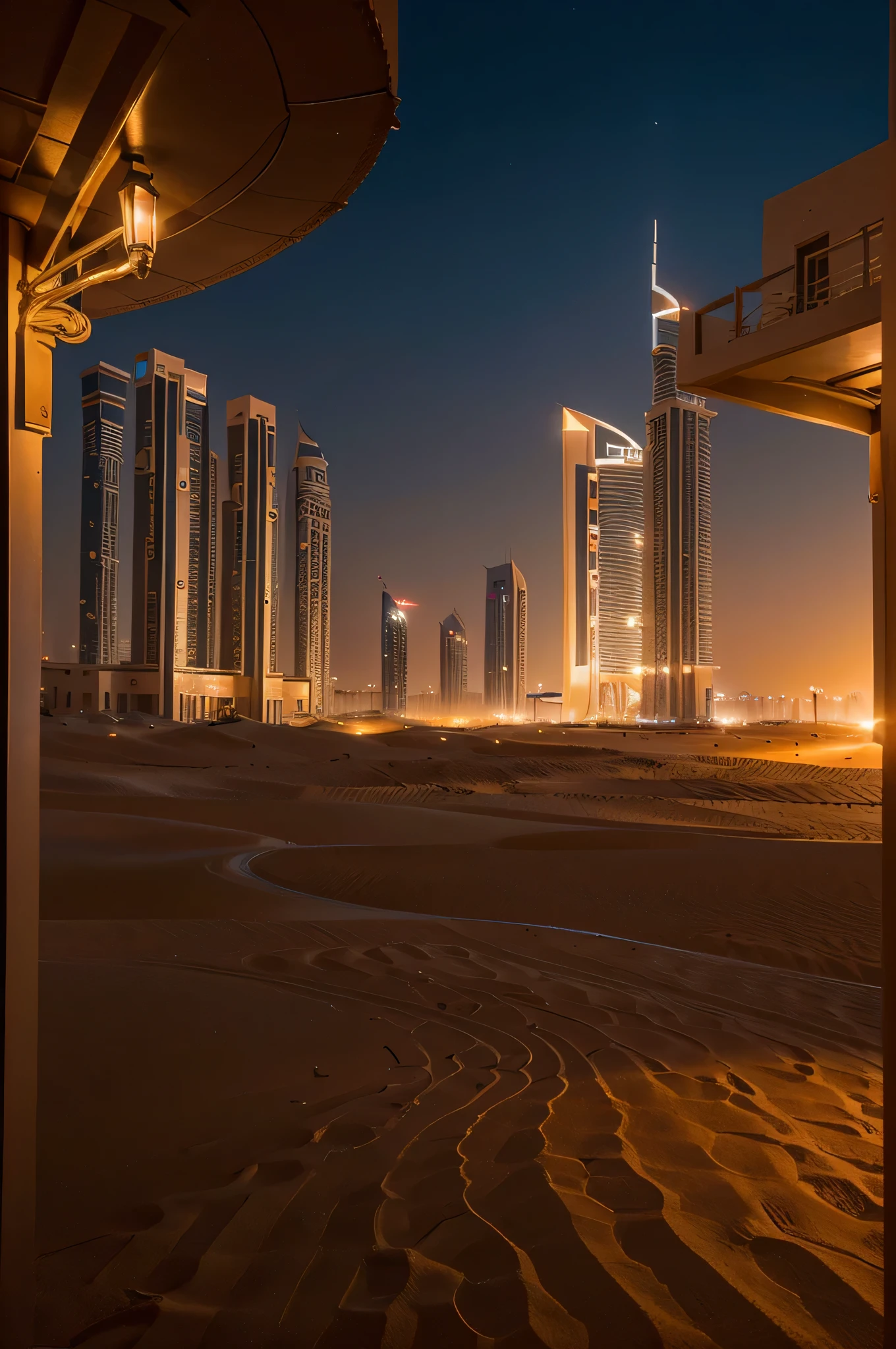 photography of dubai ?????, at night, clean image, no people, no person in image, photography, landscape photography sunset in background, dubai desert, aesthetic photograph, hyper realistic, high resolution, extra details, quality uhd, photo realistic, high budget, sunset