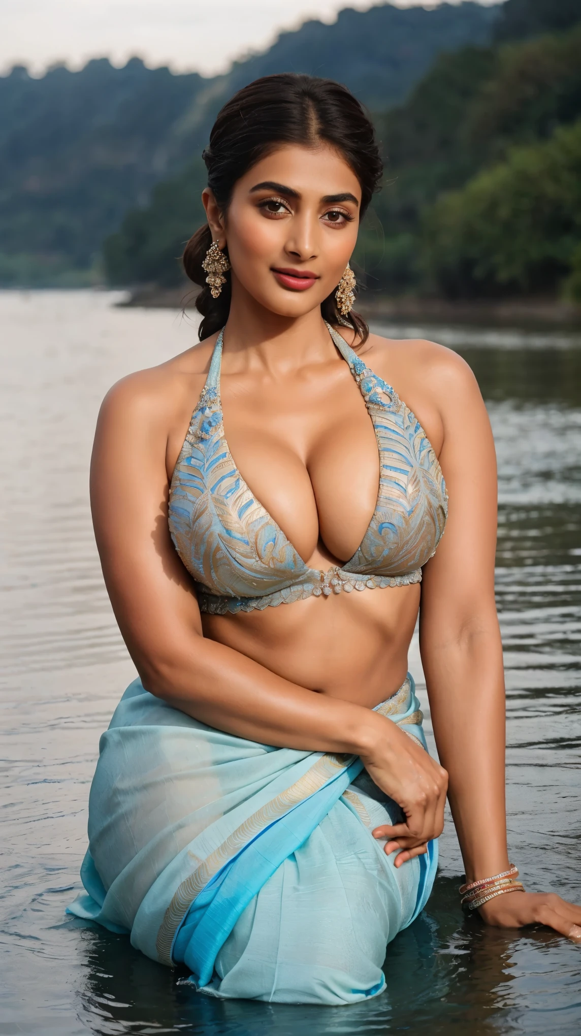 close up photo of 30 years old pooja hegde, doing hand to big penis lying on river, swooping breasts, deep cleavage, look at camera, blue saree, French braid hair, 4K, HD