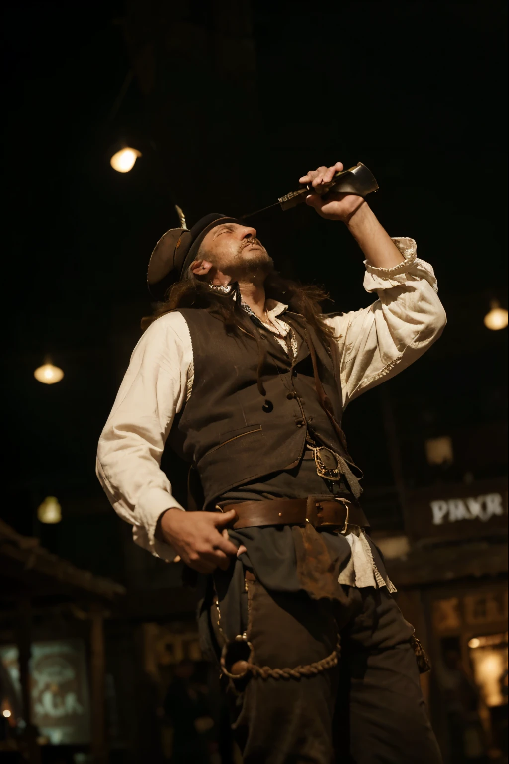 (Best quality, 8k, 32k, Masterpiece, UHD:1.2) "Imagine the bustling and lawless port town of Tortuga from Pirates of the Caribbean, a haven for pirates, rogues, and adventurers. The scene is set in the heart of the town, characterized by its chaotic energy and vibrant atmosphere.

The streets are narrow and winding, paved with uneven cobblestones, and lined with a mix of ramshackle wooden buildings and stone structures. These buildings are a patchwork of taverns, inns, and shops, their facades adorned with tattered flags, weathered signs, and flickering lanterns. The air is thick with the smell of sea salt, sweat, and the faint aroma of rum wafting from the open doors of the taverns.

Pirates of all sorts populate the scene—some boisterously singing sea shanties, others engaged in heated brawls or shady deals. Their attire is as varied as their activities, featuring tri-cornered hats, tattered coats, and an assortment of swords and pistols.

The docks are bustling with activity as well, with ships of various sizes moored along the wooden piers. The water of the harbor reflects the golden hues of the setting sun, casting an almost magical glow over the chaotic scene. Sailors are unloading cargo, repairing sails, and preparing for their next voyage, adding to the sense of constant movement and energy.

Capture the essence of Tortuga by emphasizing its vibrant, unruly spirit, the eclectic mix of characters, and the rich, textured environment. The scene should evoke a sense of adventure and danger, with every corner of the town hinting at untold stories and hidden treasures."