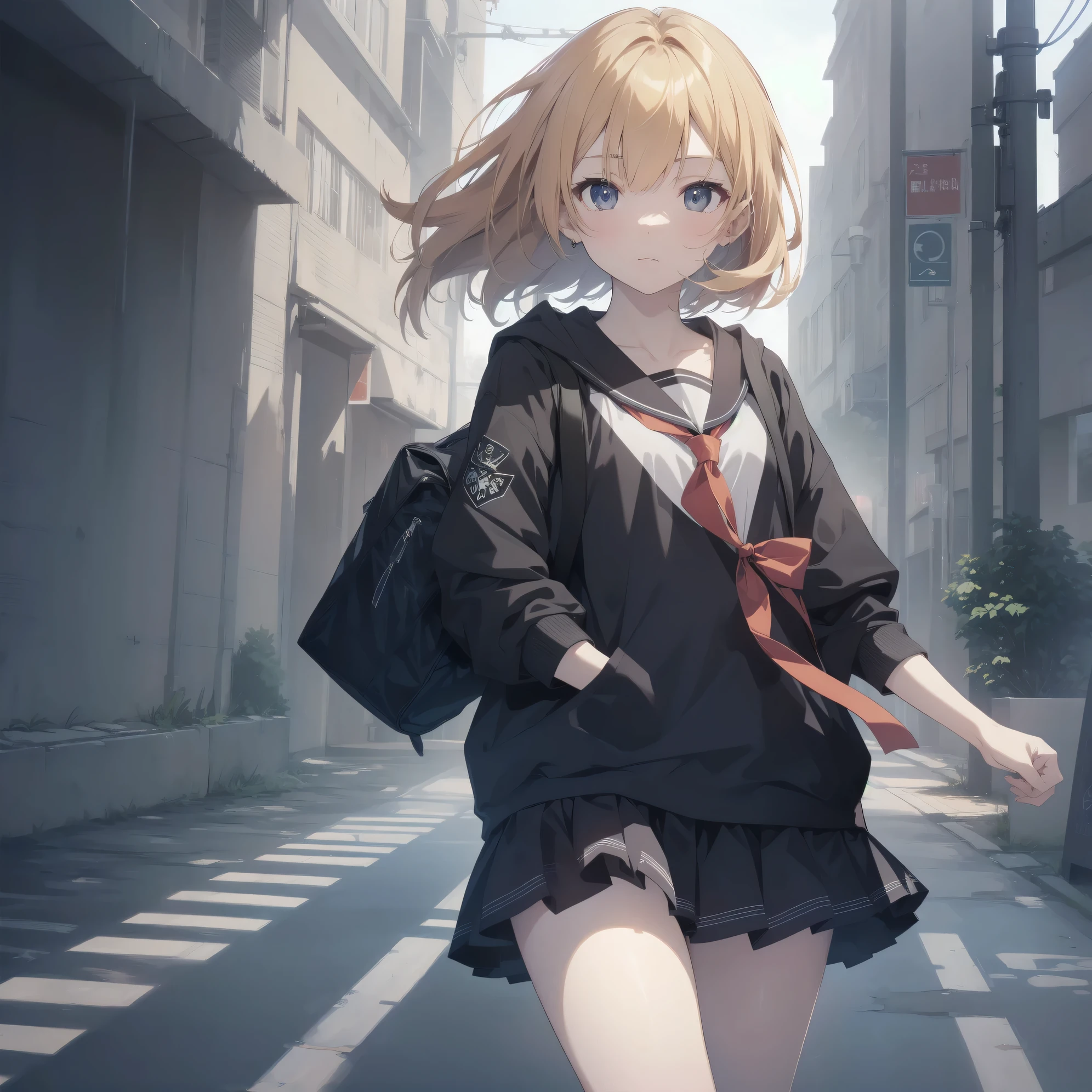 ultra-absurdres-Top quality by artist God, ultra-detailed, high resolution, anime moe artstyle, best anime 8k konachan wallpaper, pixiv contest winner, pool:2810, perfect anatomy,break, 1girl, (Please draw a girl walking sleepily to school alone. )break,(Solo,little female, 13-year-old:1.3),Full limbs, complete fingers,a junior high school student, (very short hair), short cut, flat chest, , small butt, small black eyes, beautiful detailed eyes, well-proportioned iris and pupils, expressive eyes, highres detailed hair, soft expression, salor school_uniform, sailor collar, serahuku, bow, pleated skirt,(Detailed Lighting), (Detailed background), in the School commute route. break,super detailed skin, Best cinematic lighting powered by famous artist, 8k,beauty illustration,photoshop_(medium),very aesthetic,break,((artist:tsukishiro_saika )), artist:clamp ,artist:carnelian ,artist:kantoku ,