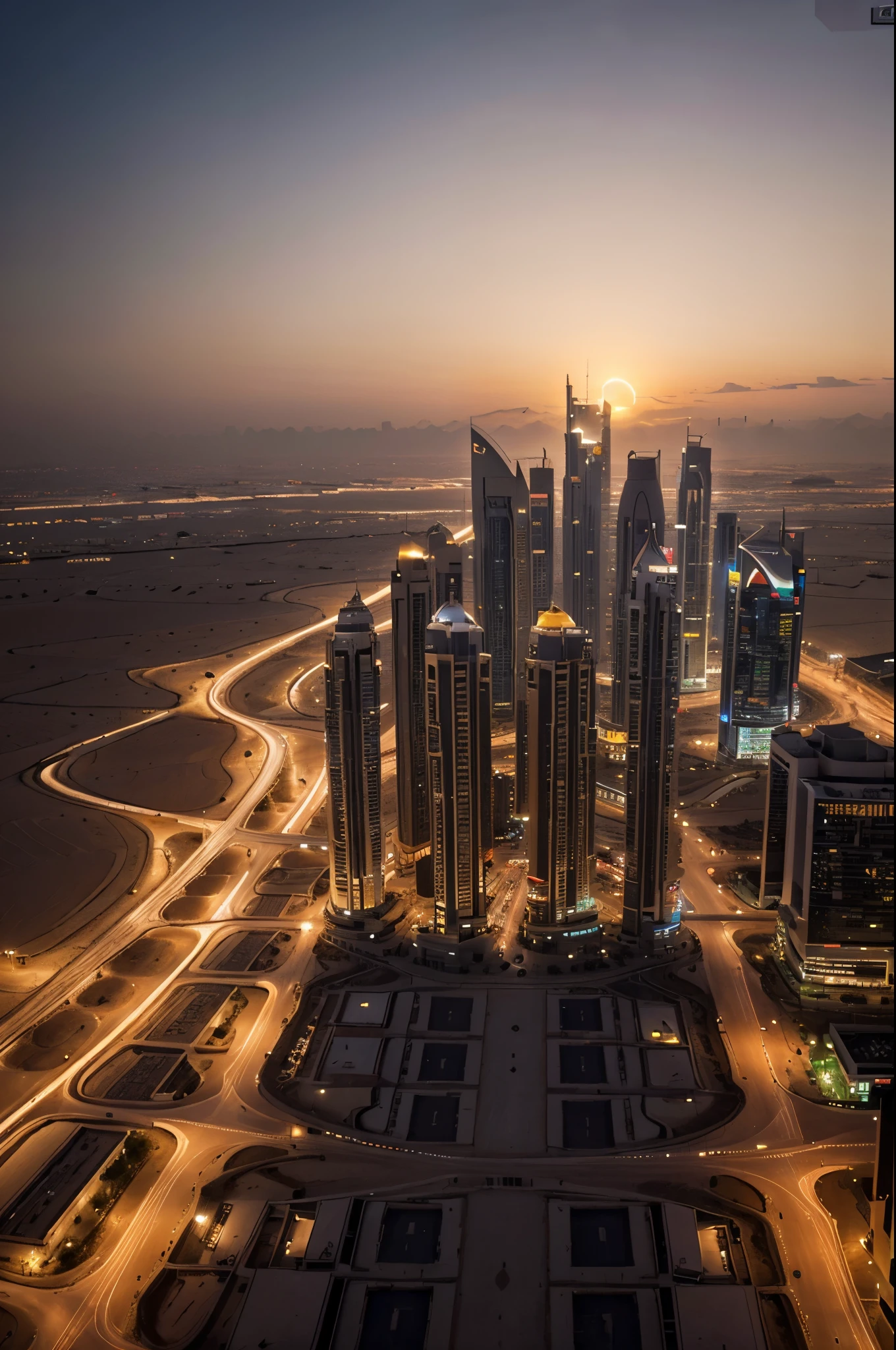 dubai at night, town, busy, clean image, no people, no person in image, photography, landscape photography sunset in background, dubai desert, aesthetic photograph, hyper realistic, high resolution, extra details, quality uhd, photo realistic, high budget, sunset 