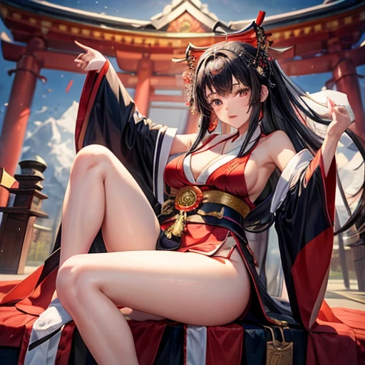 A black-haired woman wearing a shrine maiden outfit with leg slits Spread your legs The upper body is fluttering