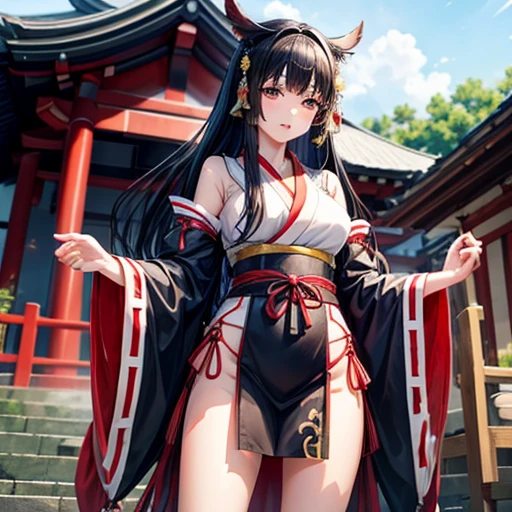 A black-haired woman wearing a shrine maiden outfit with leg slits　Spread your legs　The upper body is fluttering