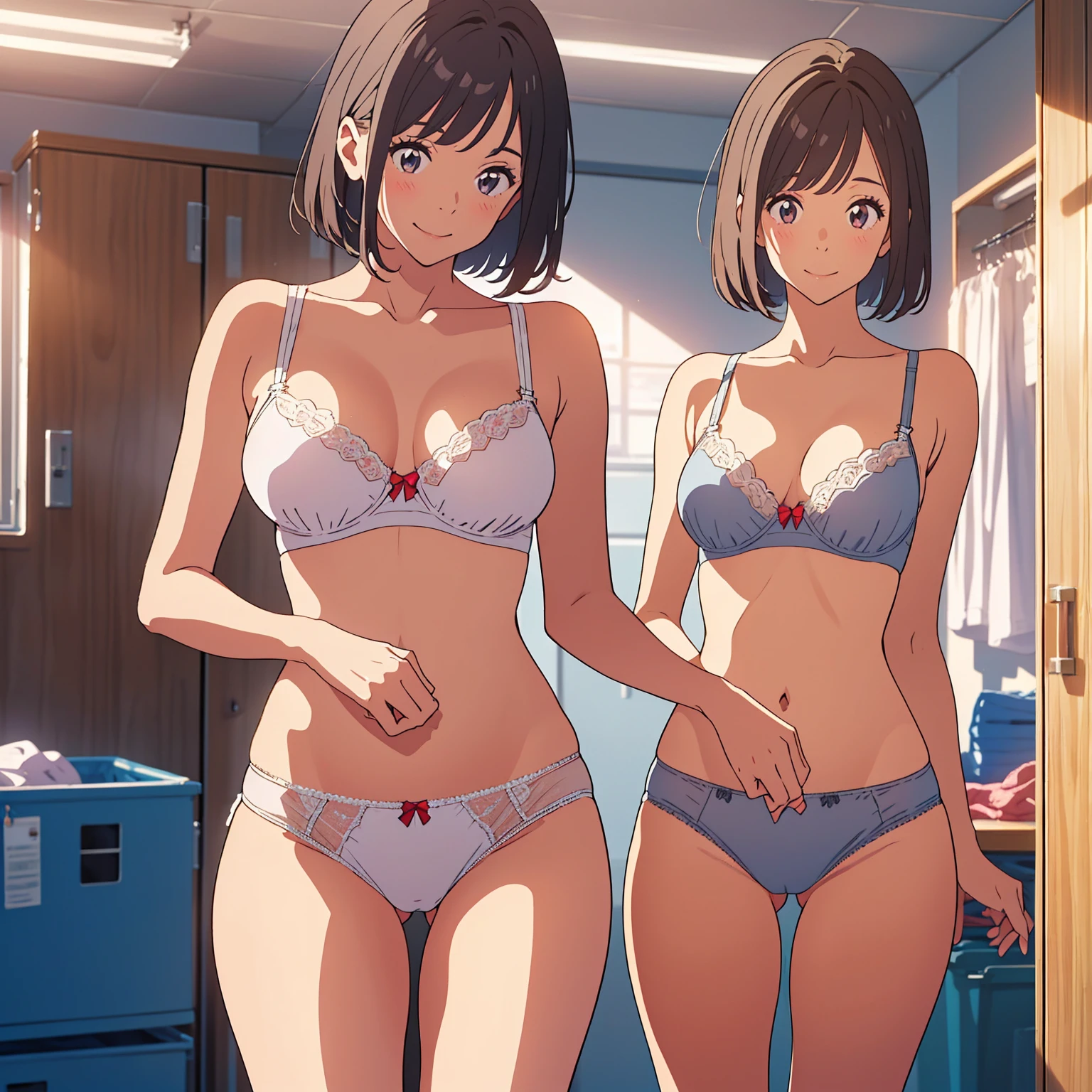masterpiece, top quality, ((((Incredibly ridiculous)))), ((Absurd)), Extremely delicate and beautiful, Anime style, (Three female teachers in underwear), perfect-composition, cowboy shot, white bra, white panties, extremely detailed texture, (((threads of the seams for panties crotch is clearly visible))), short bob cuts, Slender figure, well-shaped nose, Double eyelids, clear and beautiful face and well-proportioned big eyes, (A smile), bloom, In a locker room