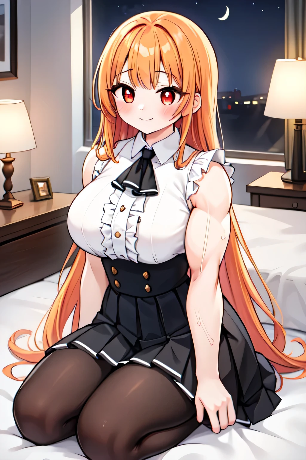 ((best quality)), ((masterpiece)), (detailed), (perfect anatomy), (exquisite clothing);
1girl, solo, bedroom, night time, sitting, seiza position, on bed;
Perfect face, orange hair, very long hair, fanged bangs, sidelocks, blushing, red eyes, bright pupils, happy, joyful, smiling, closed mouth;
Tall, mature, (bulky:1.2), deltoids, trapezius, large breasts, thick arms, biceps, triceps, covered navel, abs, wide hips, thick thighs, quads, lats, hamstrings;
(white dress shirt, sleeveless, center frills), black ascot, (high-waist, black skirt, pleated), black pantyhose.