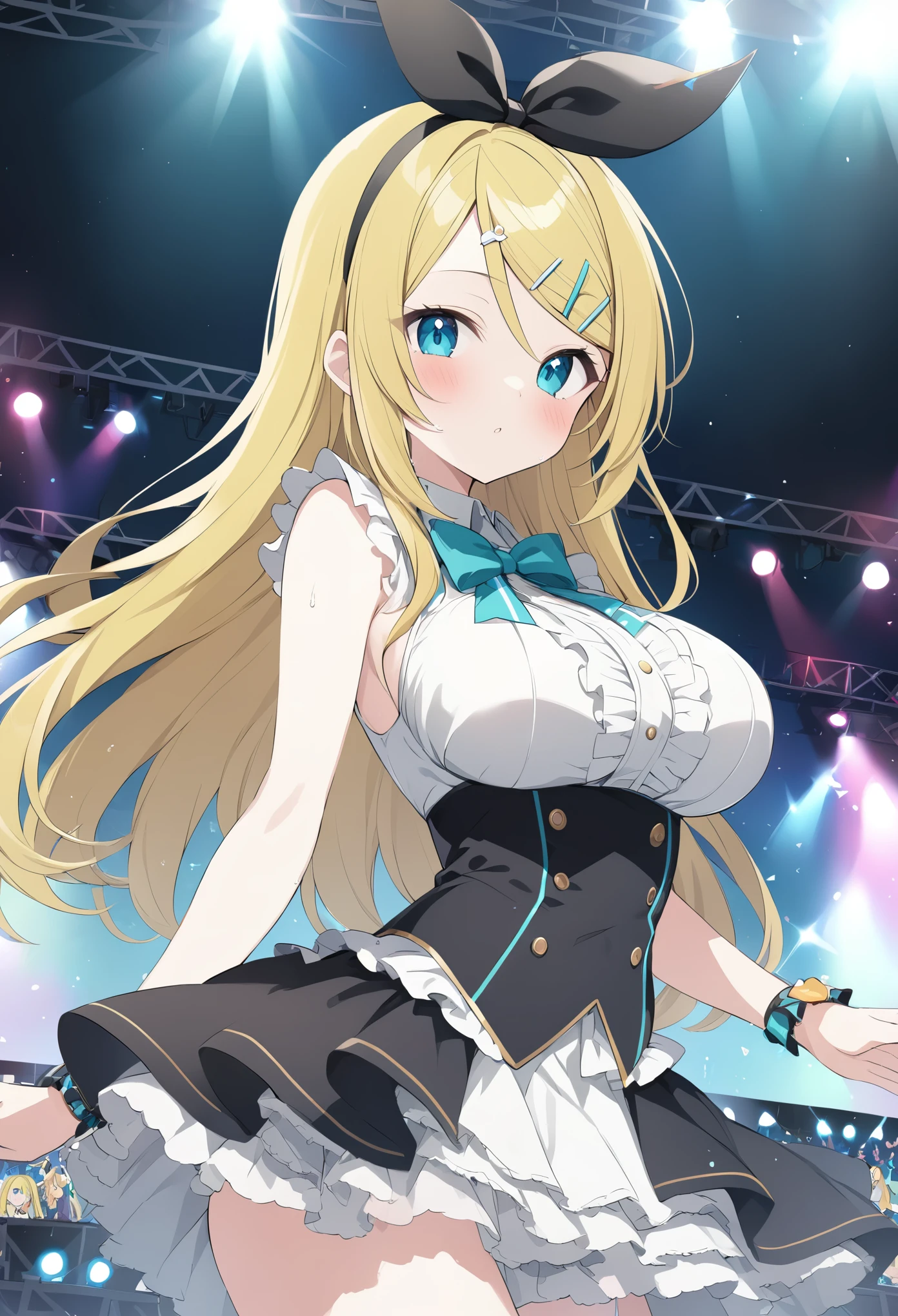 KAGAMINE RIN, long HAIR, BOW, blonde hair., large breasts,, Live Stage, solo 