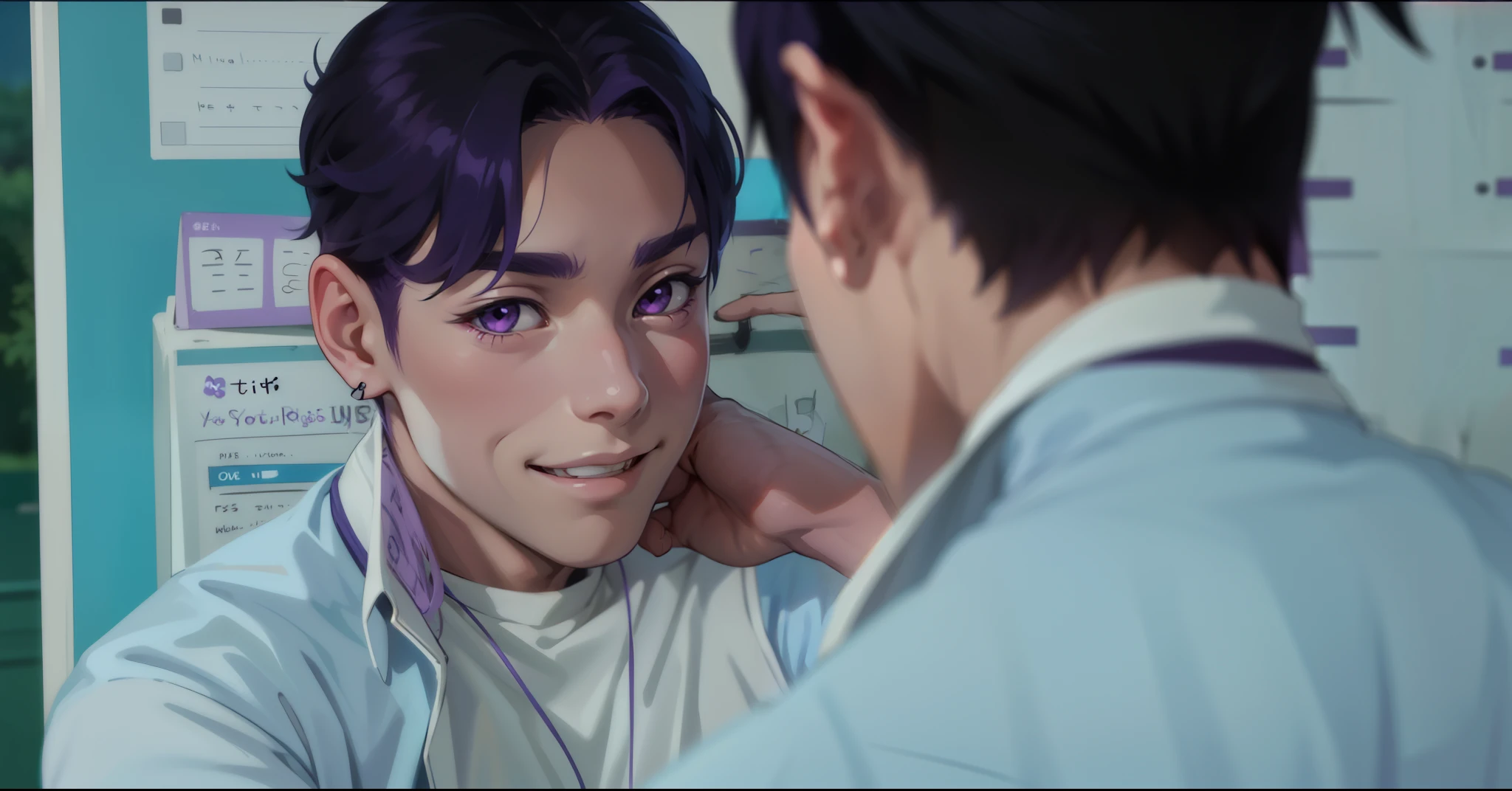 (estilo anime 2d plano)cute 16 year old boy smile mischievous ironic bad hateful purple eyes purple hair is offensive sad